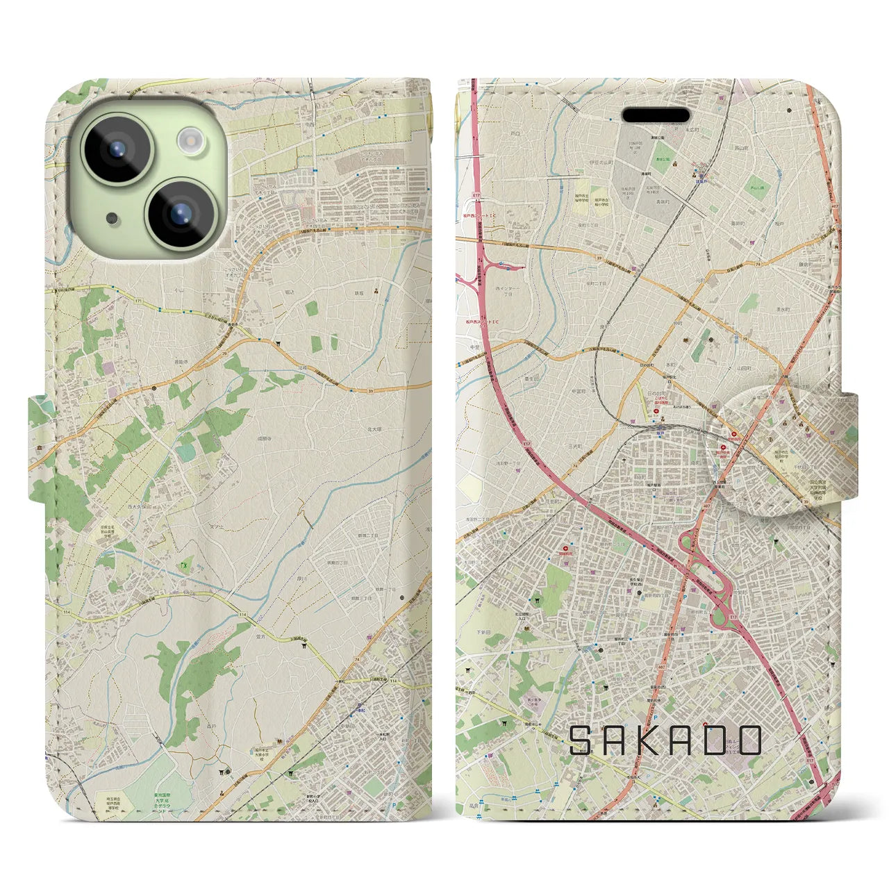 【坂戸(埼玉県)】地図柄iPhoneケース(手帳タイプ)ナチュラル・iPhone 15 用
