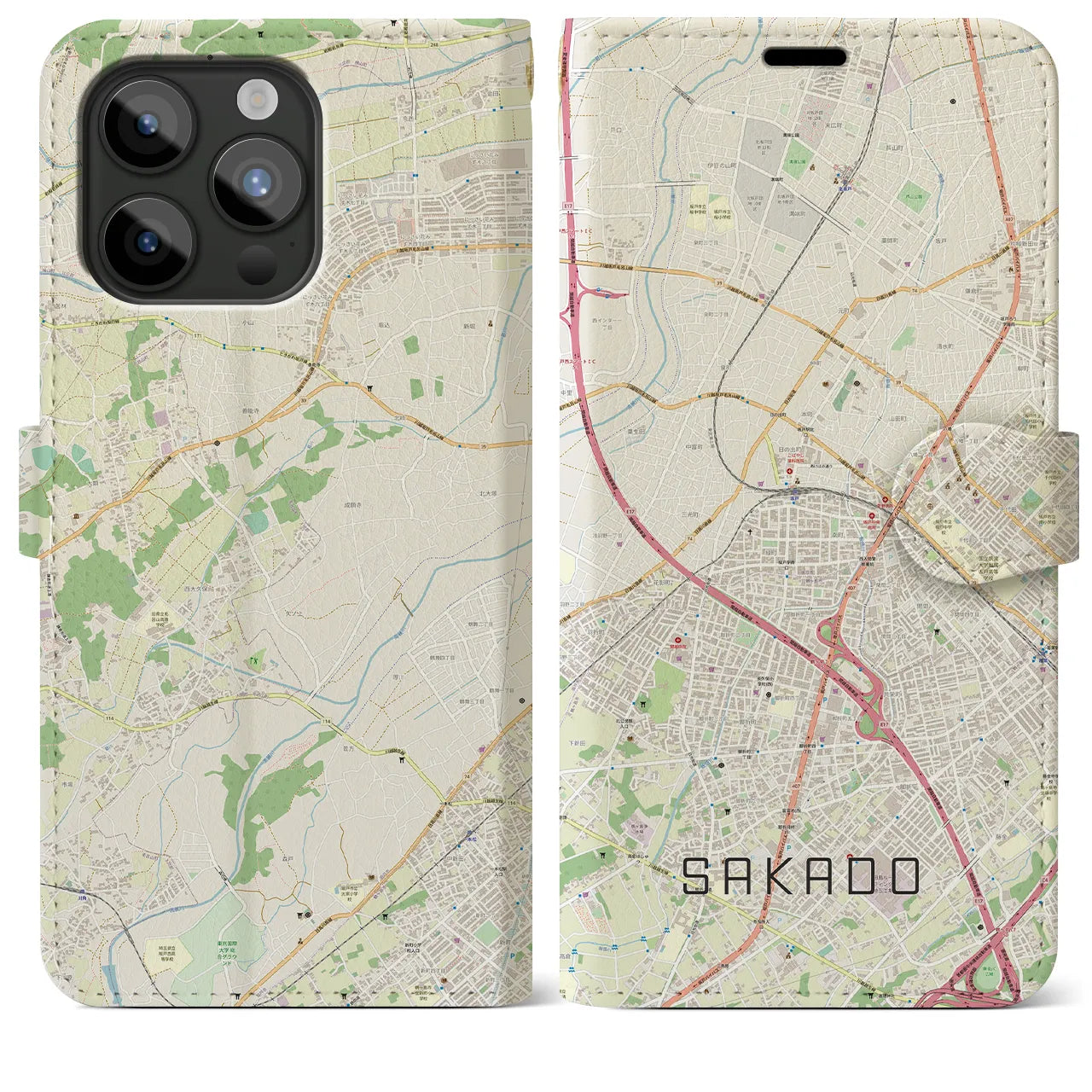 【坂戸(埼玉県)】地図柄iPhoneケース(手帳タイプ)ナチュラル・iPhone 15 Pro Max 用