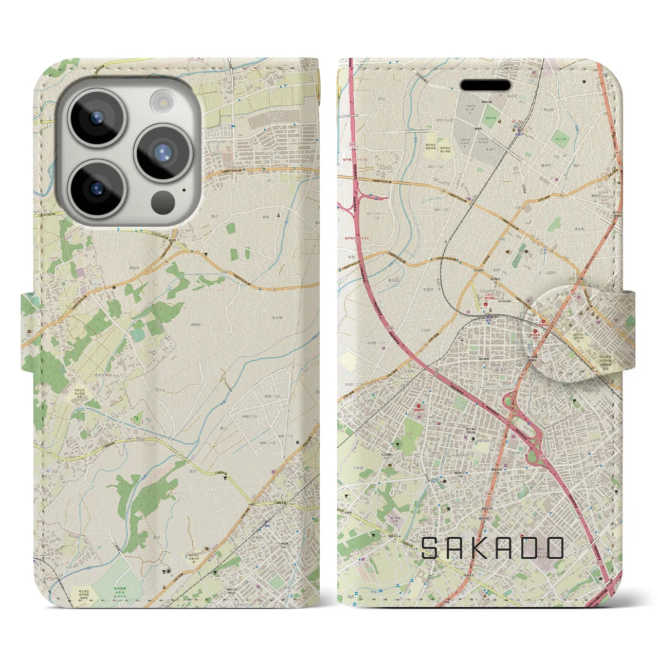 【坂戸(埼玉県)】地図柄iPhoneケース(手帳タイプ)ナチュラル・iPhone 15 Pro 用