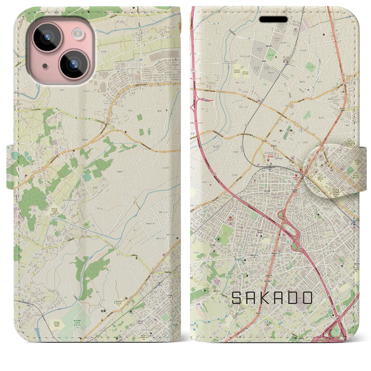 【坂戸(埼玉県)】地図柄iPhoneケース(手帳タイプ)ナチュラル・iPhone 15 Plus 用