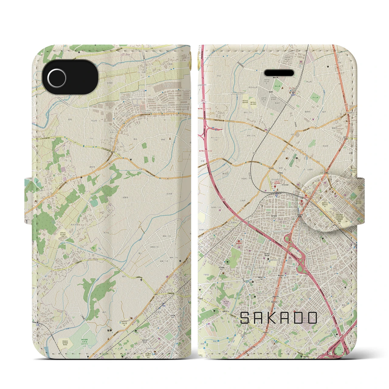 【坂戸(埼玉県)】地図柄iPhoneケース(手帳タイプ)ナチュラル・iPhone SE(第3 / 第2世代) / 8 / 7 / 6s / 6 用