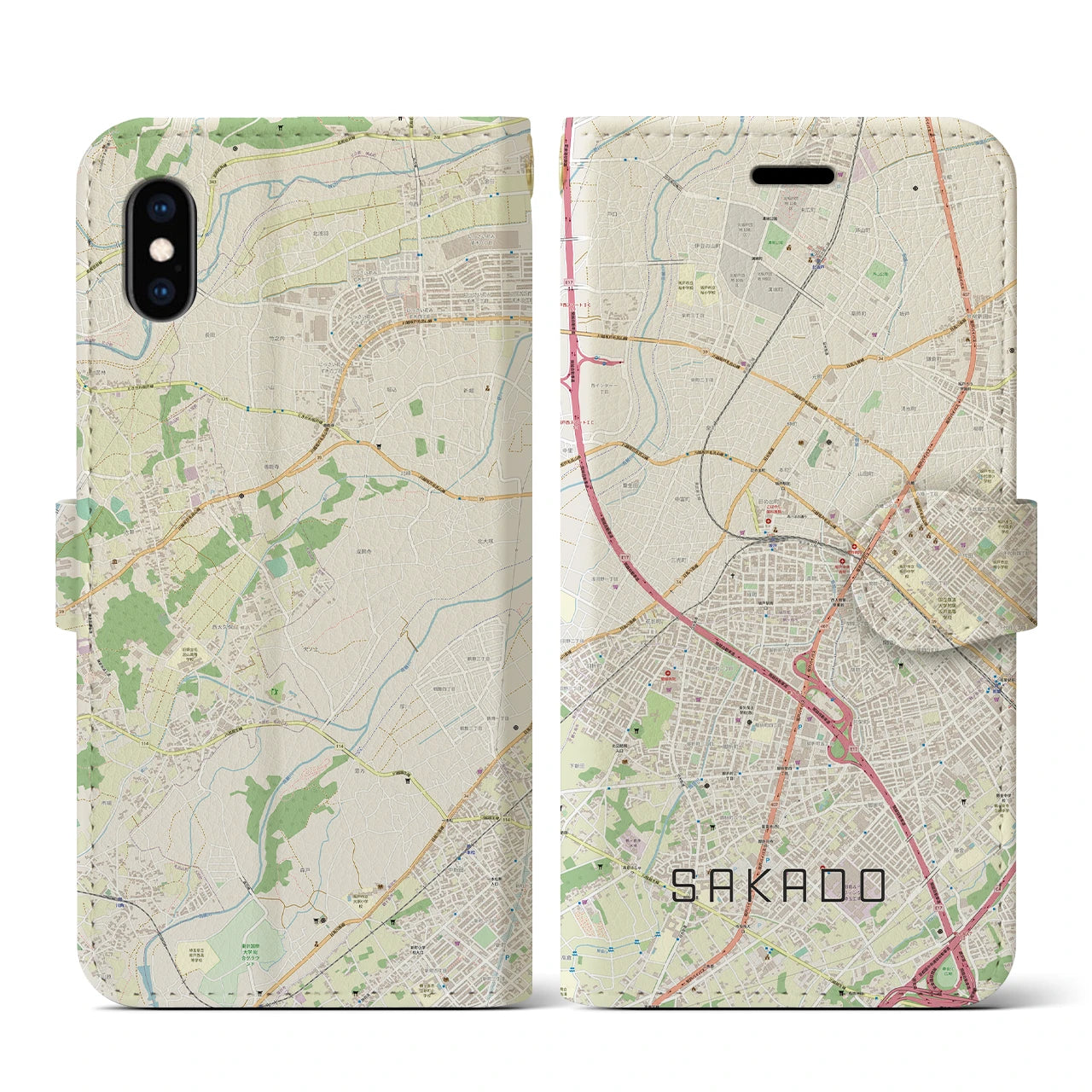 【坂戸(埼玉県)】地図柄iPhoneケース(手帳タイプ)ナチュラル・iPhone XS / X 用