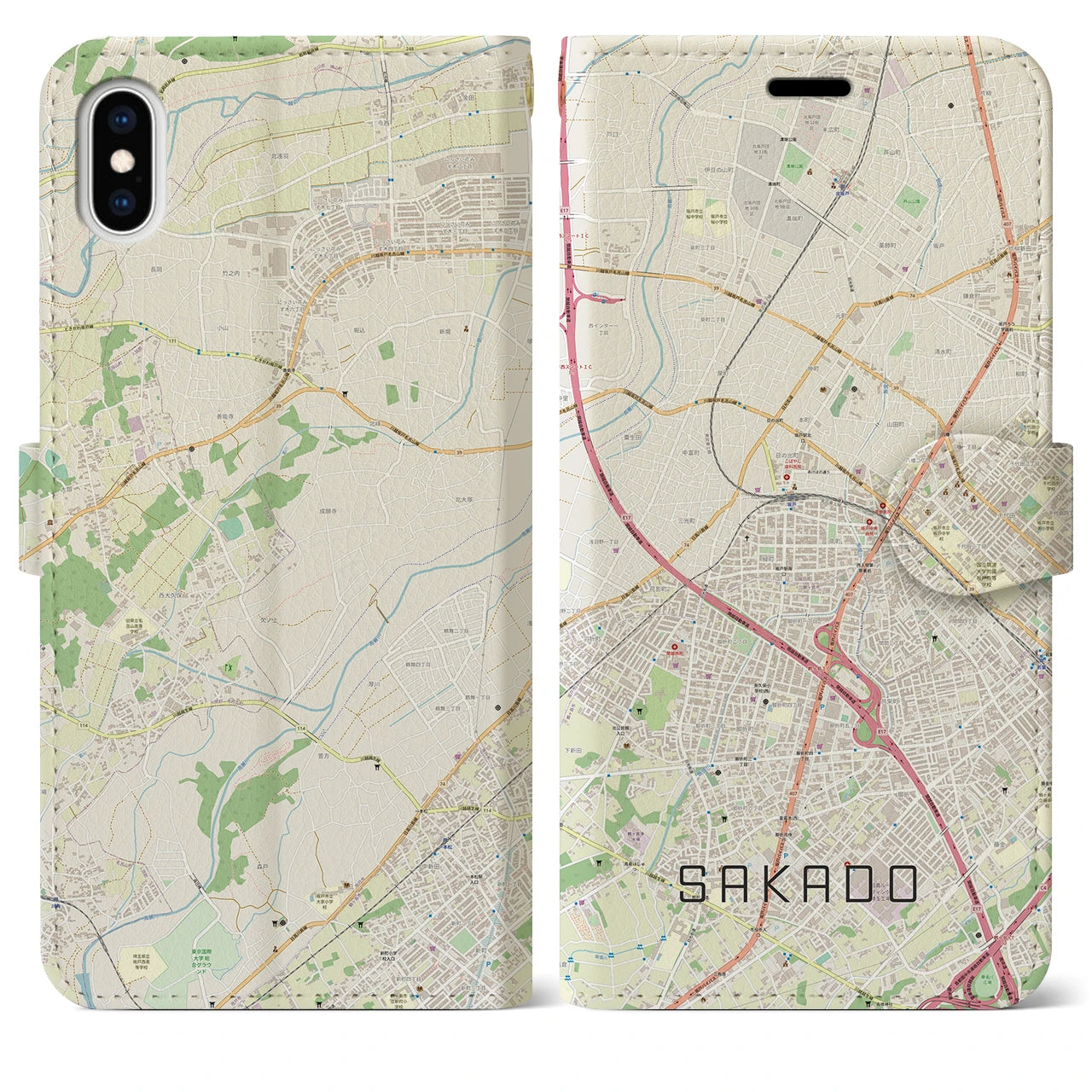 【坂戸(埼玉県)】地図柄iPhoneケース(手帳タイプ)ナチュラル・iPhone XS Max 用