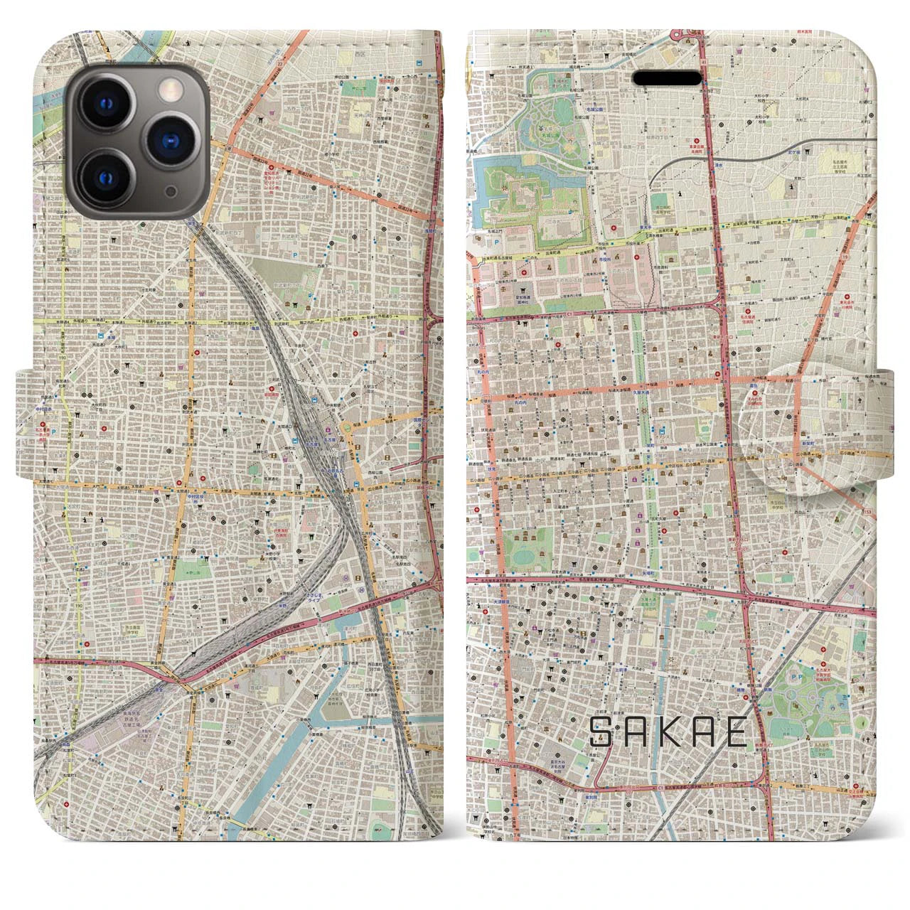 【栄(愛知県)】地図柄iPhoneケース(手帳タイプ)ナチュラル・iPhone 11 Pro Max 用