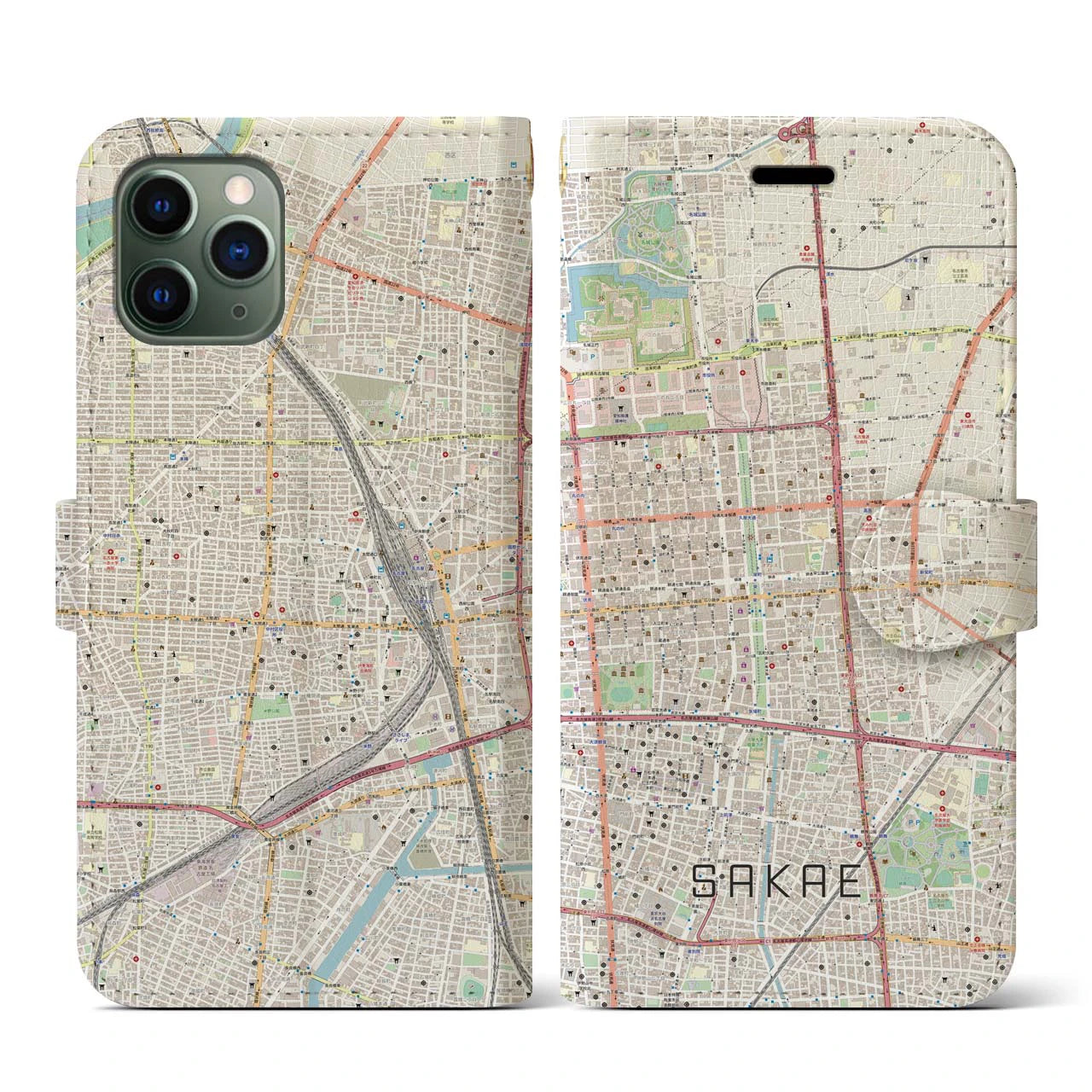 【栄(愛知県)】地図柄iPhoneケース(手帳タイプ)ナチュラル・iPhone 11 Pro 用