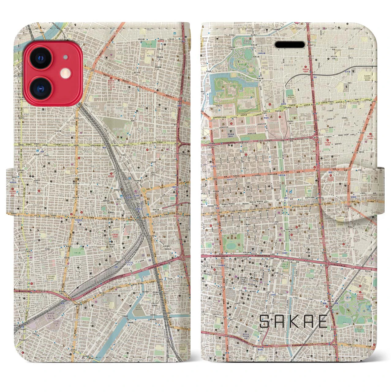 【栄(愛知県)】地図柄iPhoneケース(手帳タイプ)ナチュラル・iPhone 11 用