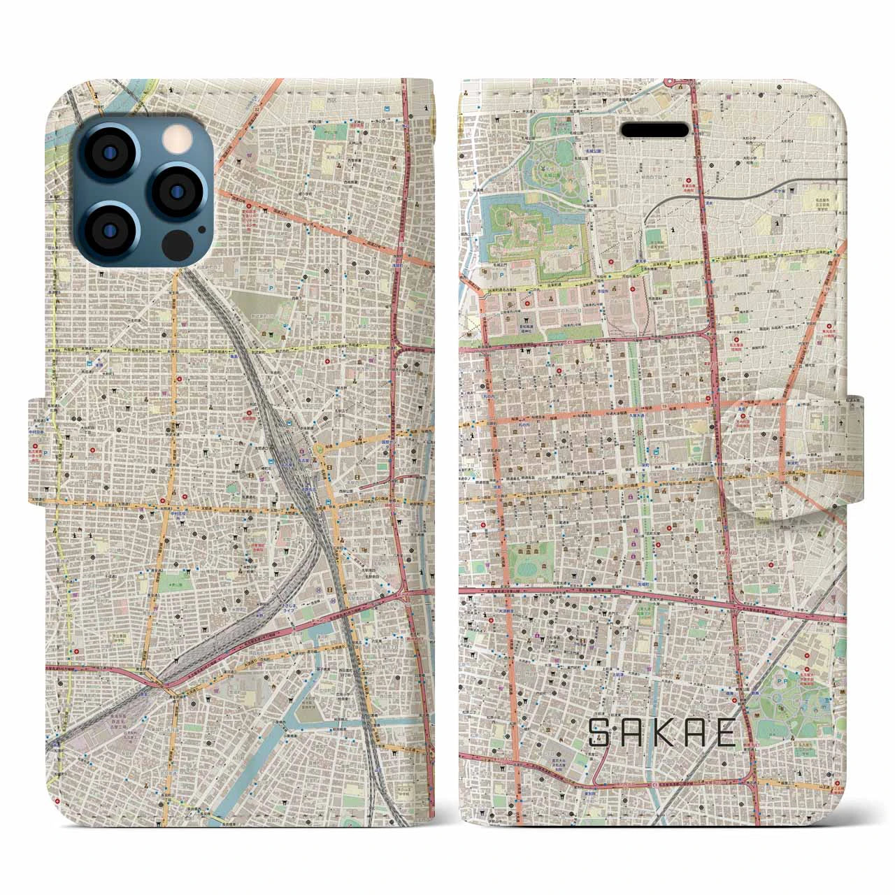【栄(愛知県)】地図柄iPhoneケース(手帳タイプ)ナチュラル・iPhone 12 / 12 Pro 用