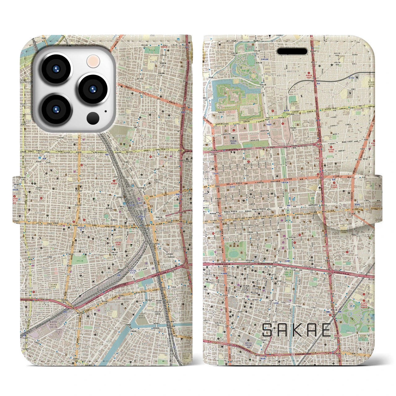 【栄(愛知県)】地図柄iPhoneケース(手帳タイプ)ナチュラル・iPhone 13 Pro 用