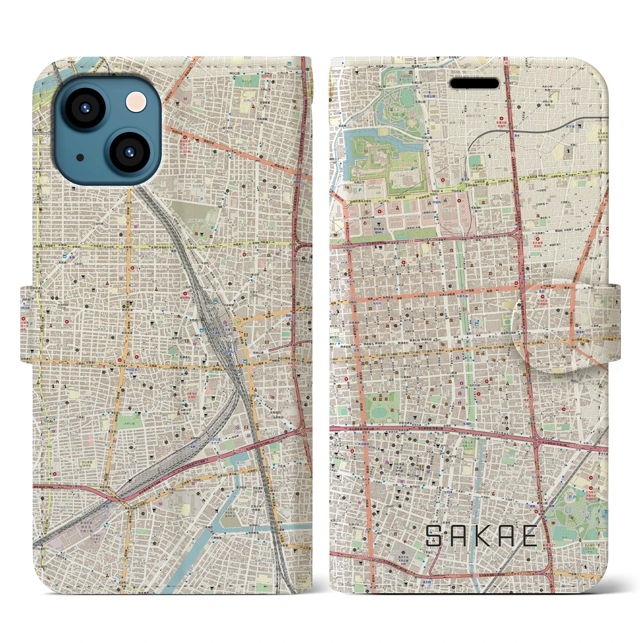 【栄(愛知県)】地図柄iPhoneケース(手帳タイプ)ナチュラル・iPhone 13 用