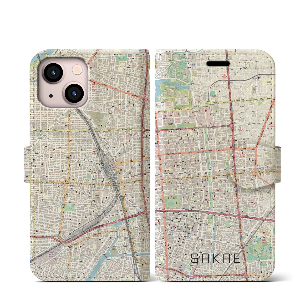 【栄(愛知県)】地図柄iPhoneケース(手帳タイプ)ナチュラル・iPhone 13 mini 用