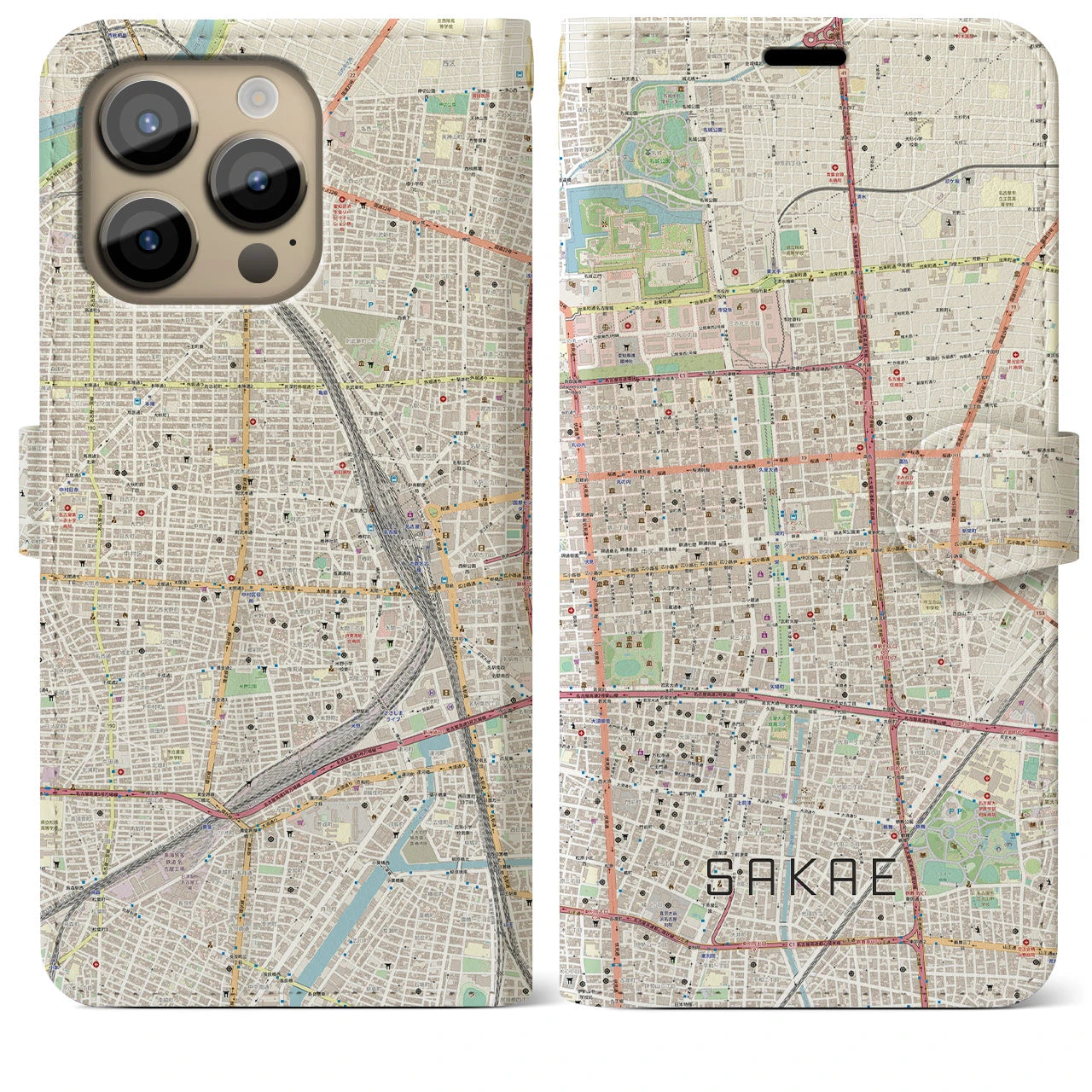 【栄(愛知県)】地図柄iPhoneケース(手帳タイプ)ナチュラル・iPhone 14 Pro Max 用