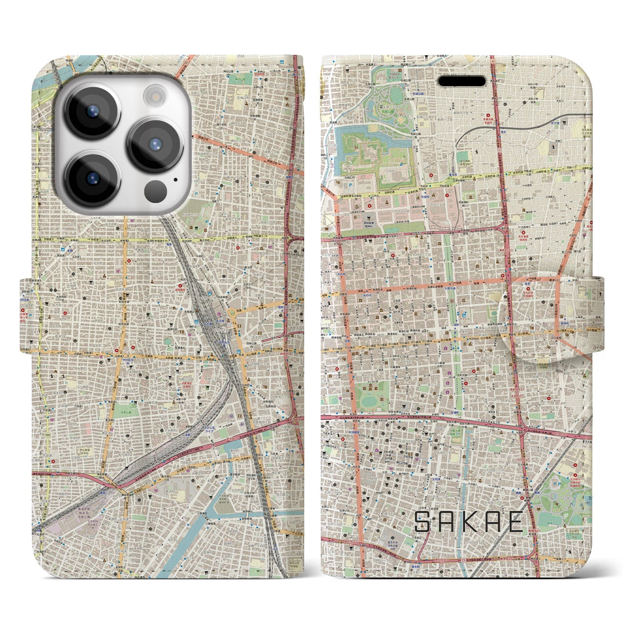 【栄(愛知県)】地図柄iPhoneケース(手帳タイプ)ナチュラル・iPhone 14 Pro 用