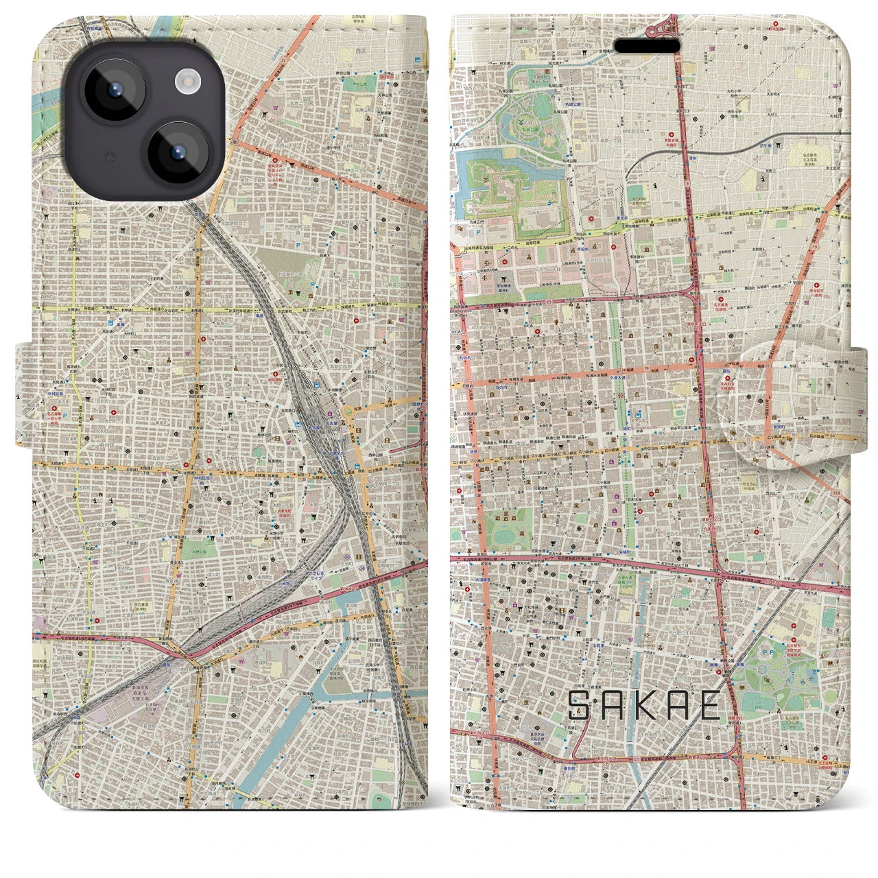 【栄(愛知県)】地図柄iPhoneケース(手帳タイプ)ナチュラル・iPhone 14 Plus 用