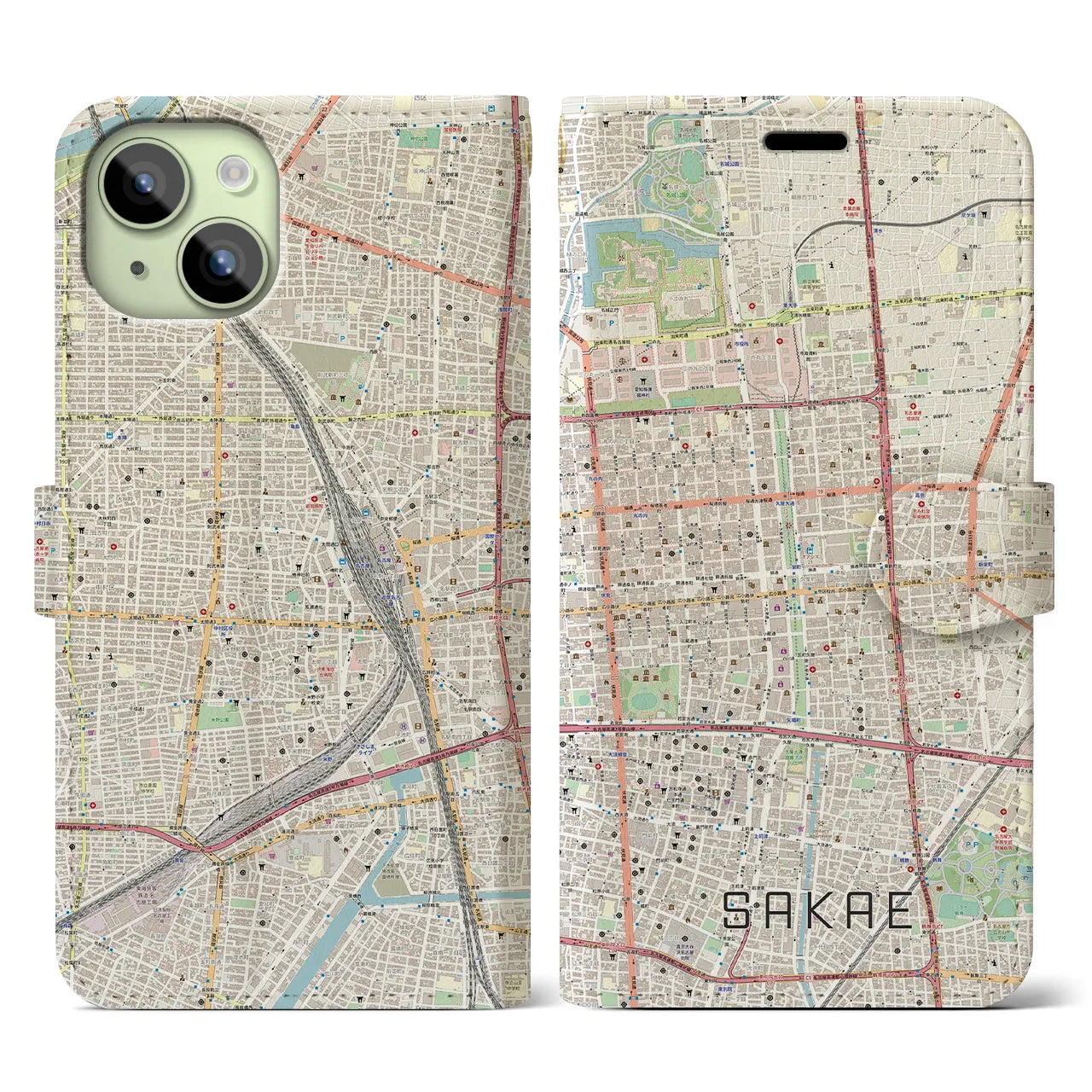 【栄(愛知県)】地図柄iPhoneケース(手帳タイプ)ナチュラル・iPhone 15 用