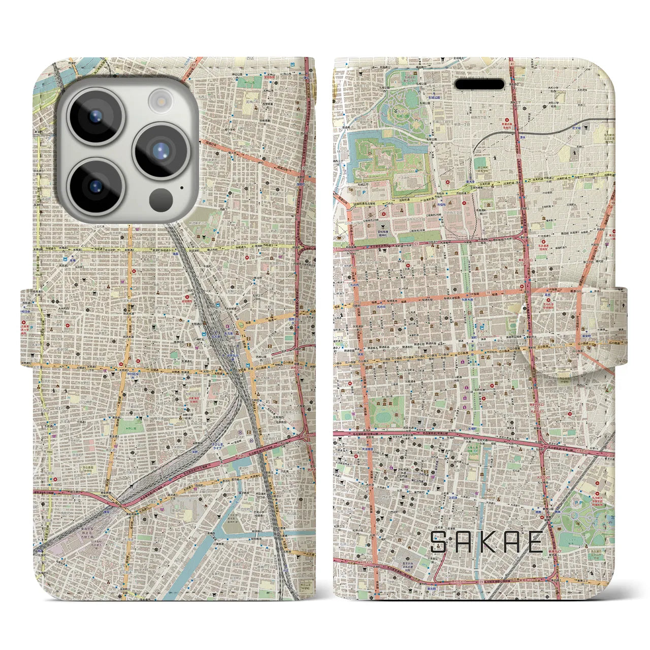【栄(愛知県)】地図柄iPhoneケース(手帳タイプ)ナチュラル・iPhone 15 Pro 用