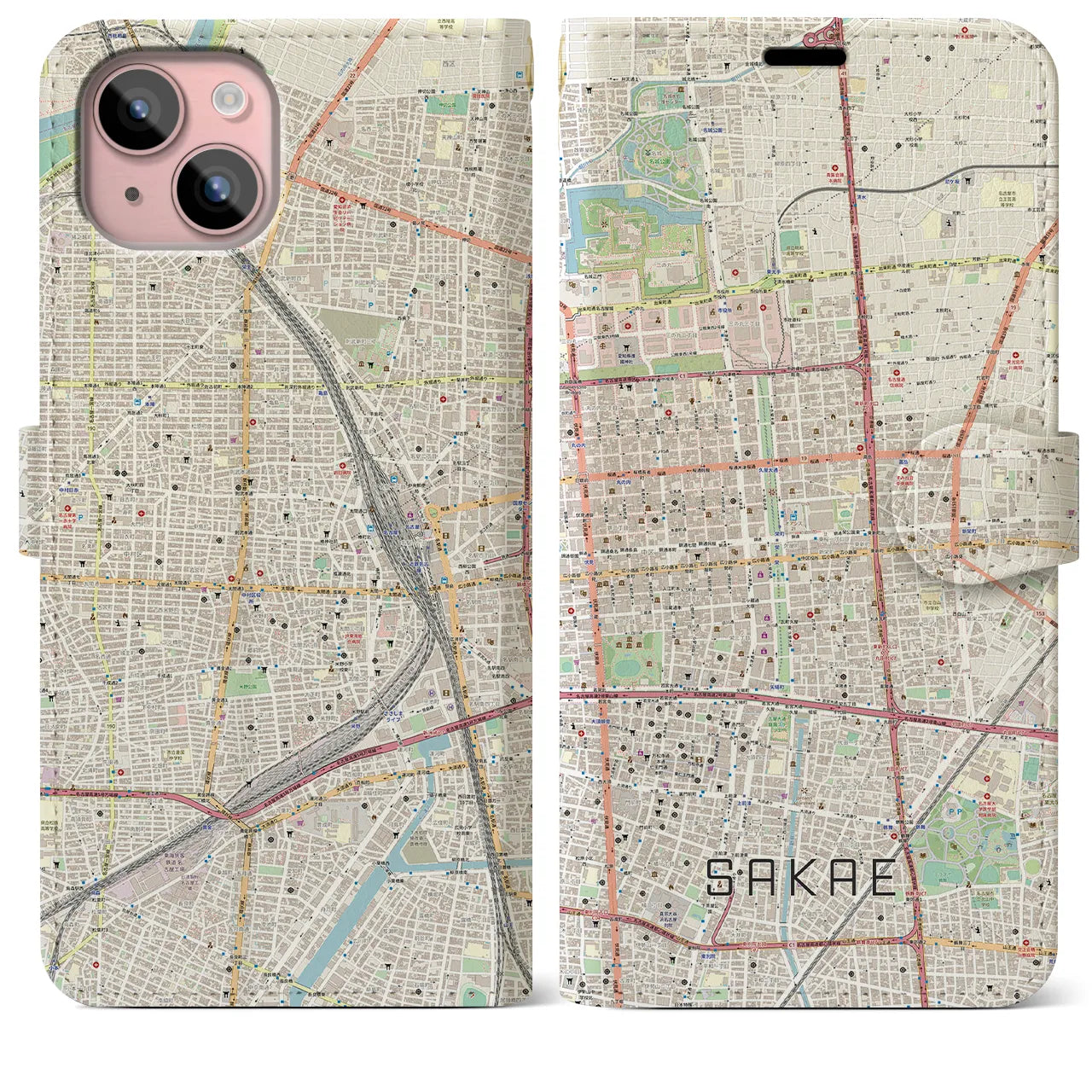 【栄(愛知県)】地図柄iPhoneケース(手帳タイプ)ナチュラル・iPhone 15 Plus 用