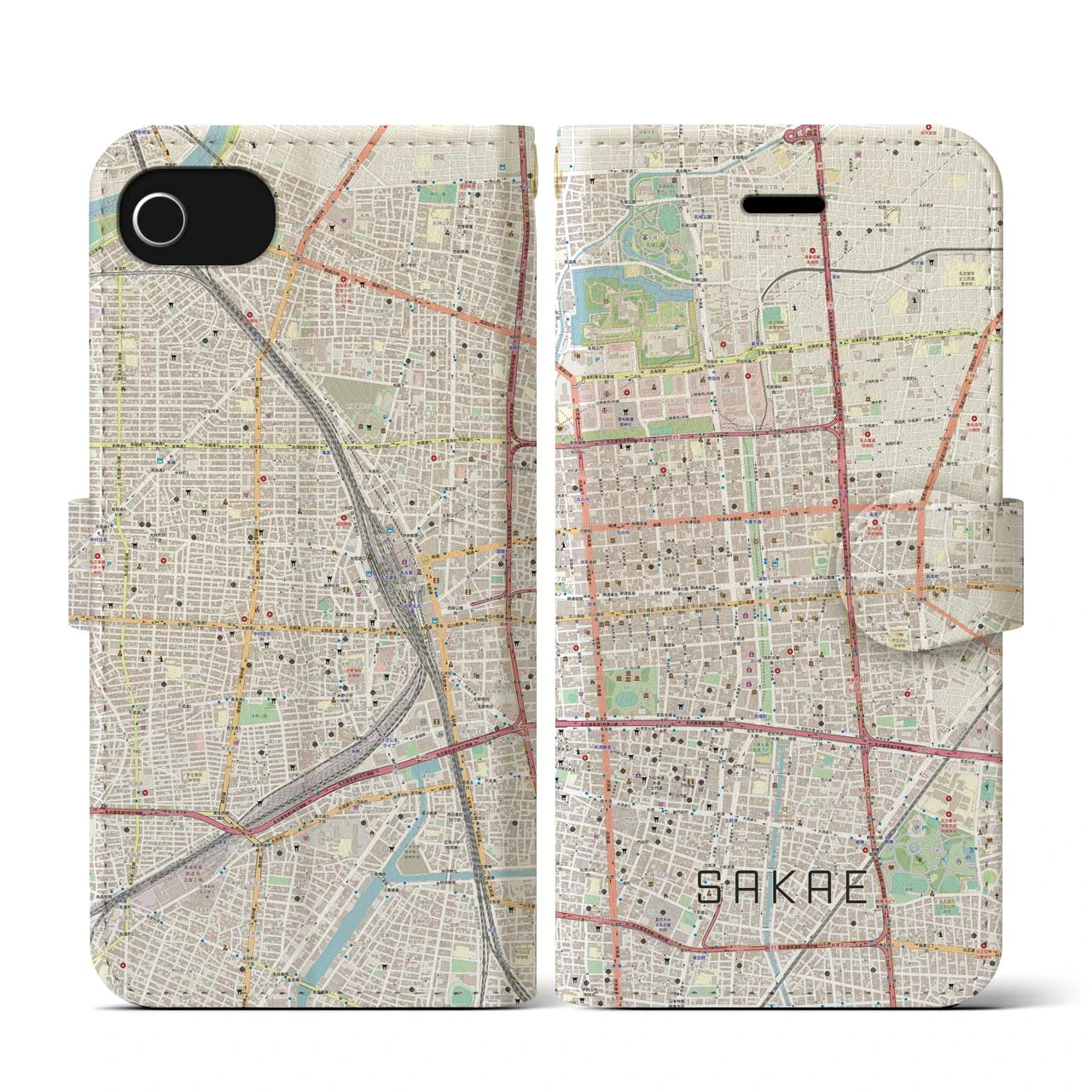 【栄(愛知県)】地図柄iPhoneケース(手帳タイプ)ナチュラル・iPhone SE(第3 / 第2世代) / 8 / 7 / 6s / 6 用