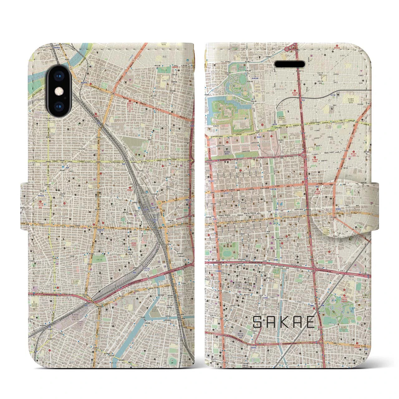 【栄(愛知県)】地図柄iPhoneケース(手帳タイプ)ナチュラル・iPhone XS / X 用