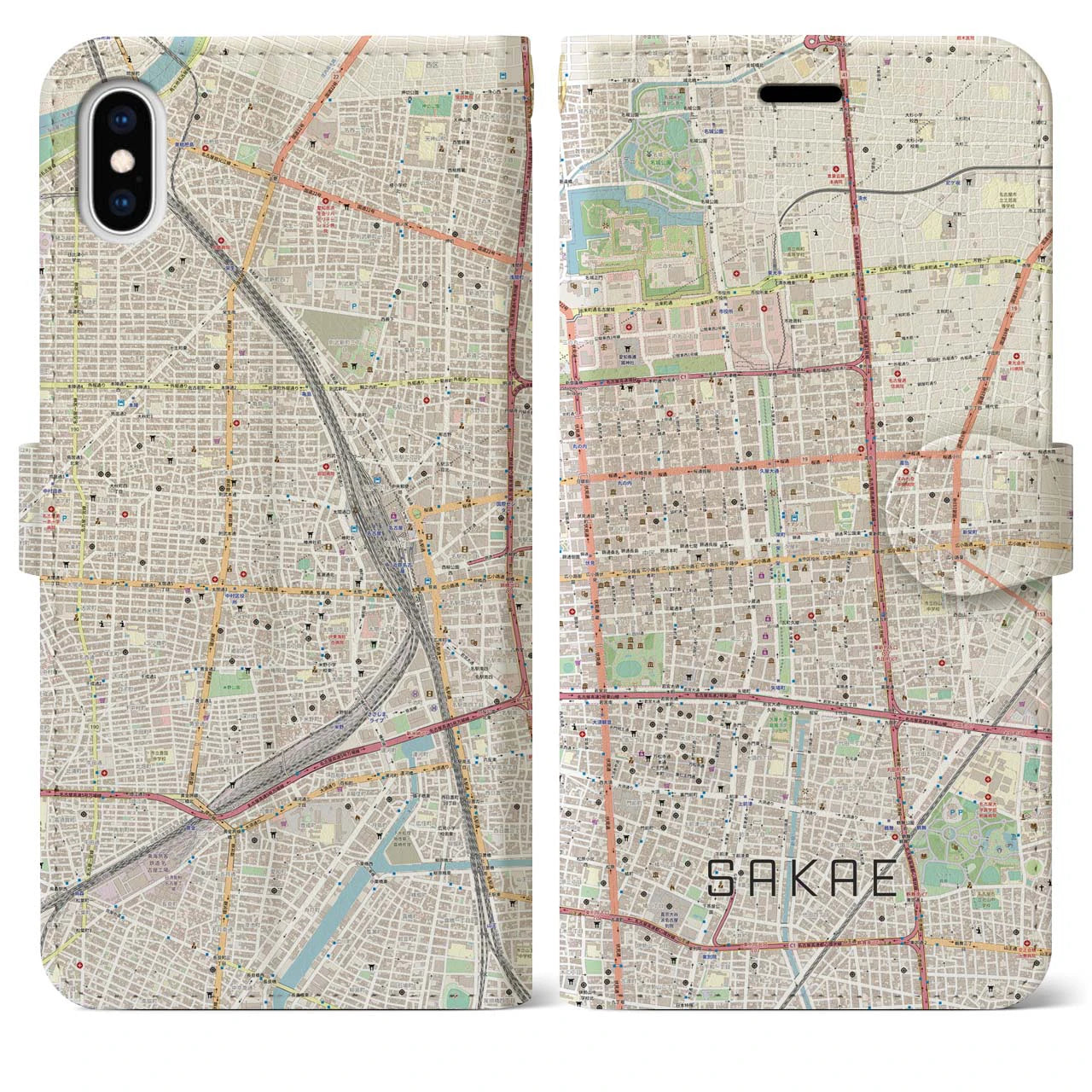 【栄(愛知県)】地図柄iPhoneケース(手帳タイプ)ナチュラル・iPhone XS Max 用