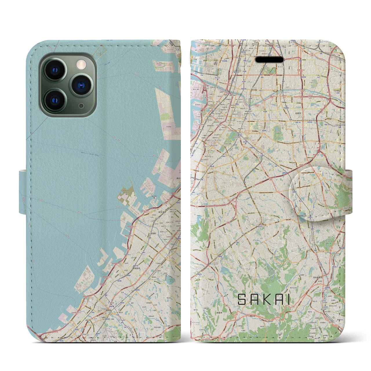 【堺2(大阪府)】地図柄iPhoneケース(手帳タイプ)ナチュラル・iPhone 11 Pro 用