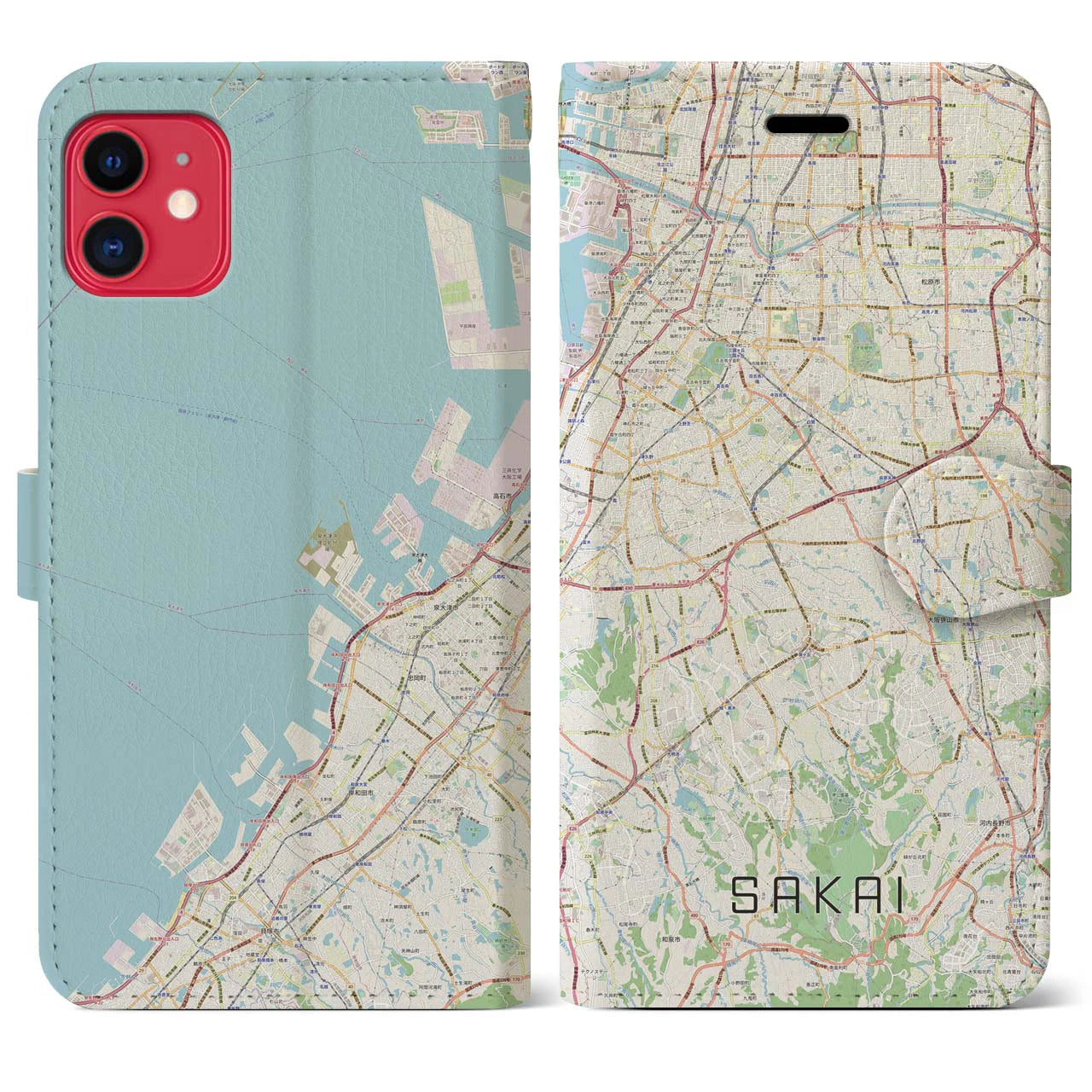 【堺2(大阪府)】地図柄iPhoneケース(手帳タイプ)ナチュラル・iPhone 11 用