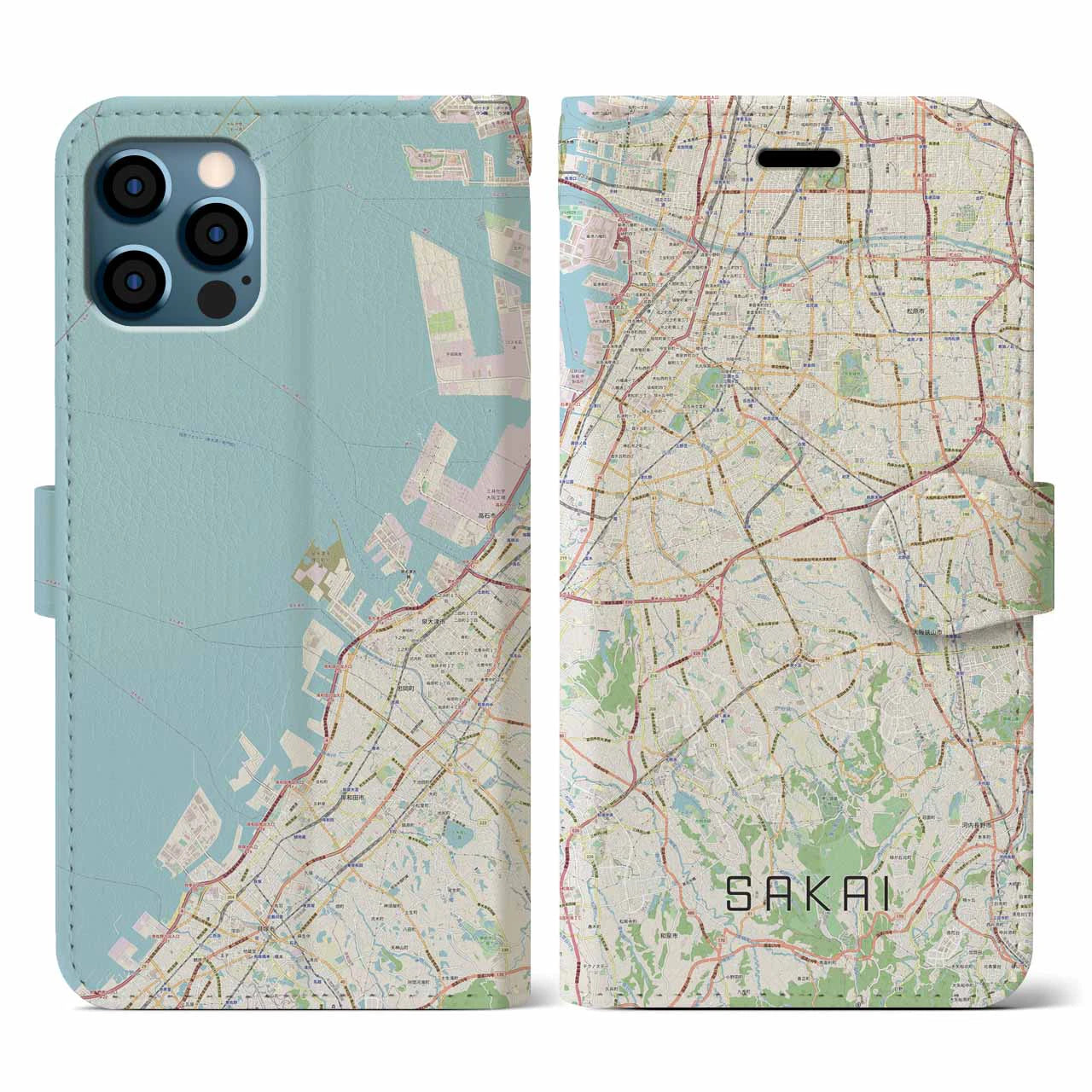 【堺2(大阪府)】地図柄iPhoneケース(手帳タイプ)ナチュラル・iPhone 12 / 12 Pro 用