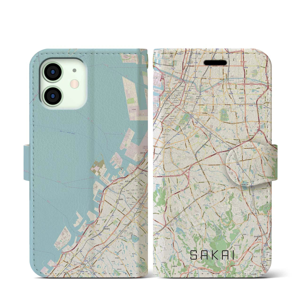 【堺2(大阪府)】地図柄iPhoneケース(手帳タイプ)ナチュラル・iPhone 12 mini 用