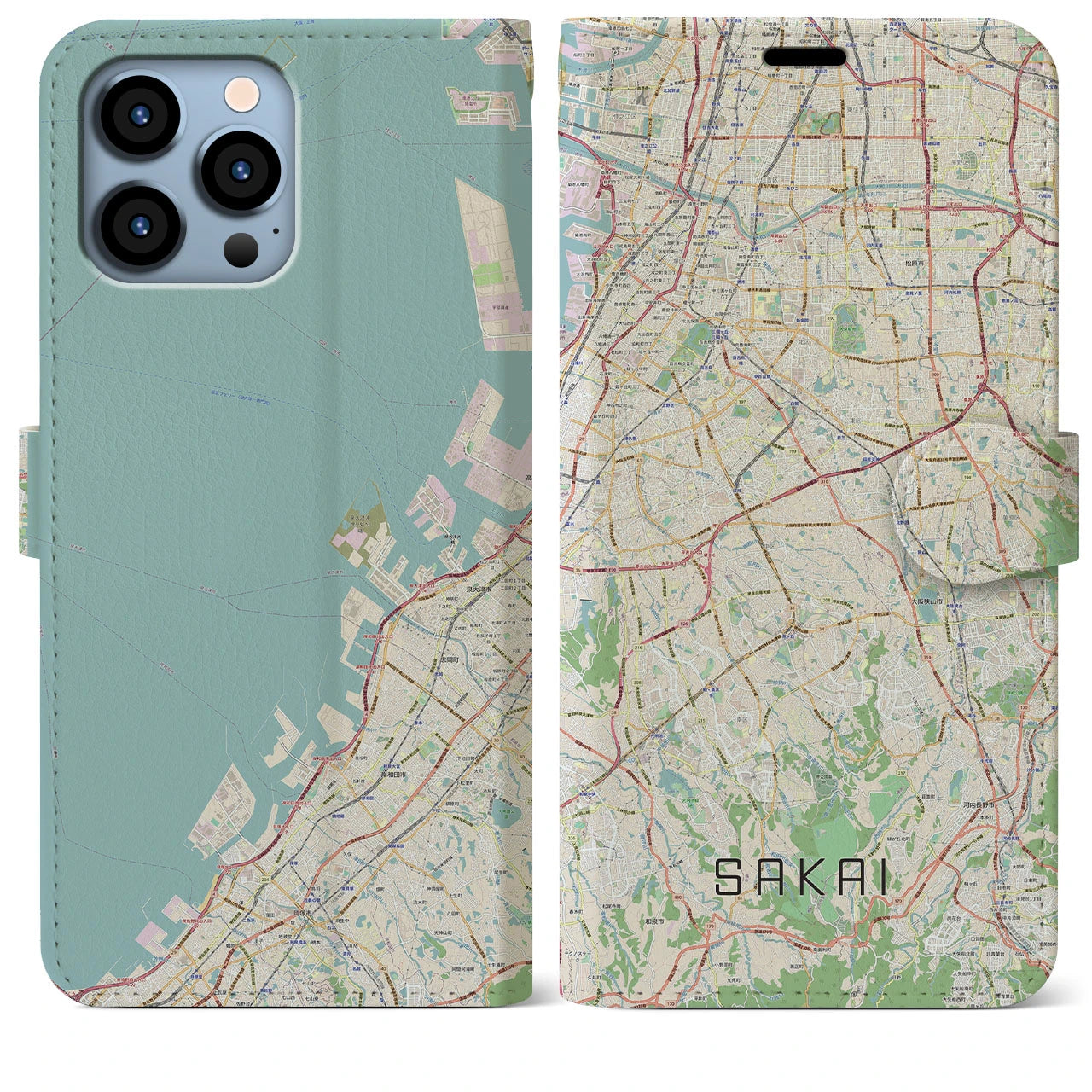 【堺2(大阪府)】地図柄iPhoneケース(手帳タイプ)ナチュラル・iPhone 13 Pro Max 用