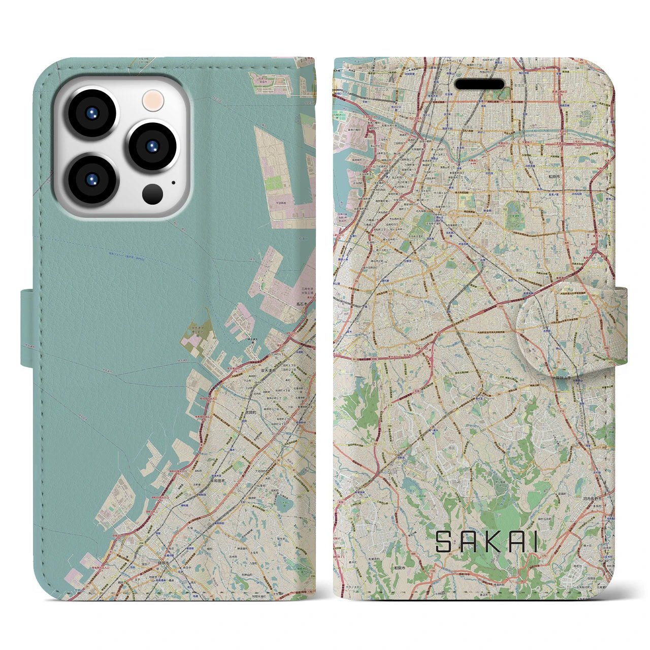 【堺2(大阪府)】地図柄iPhoneケース(手帳タイプ)ナチュラル・iPhone 13 Pro 用