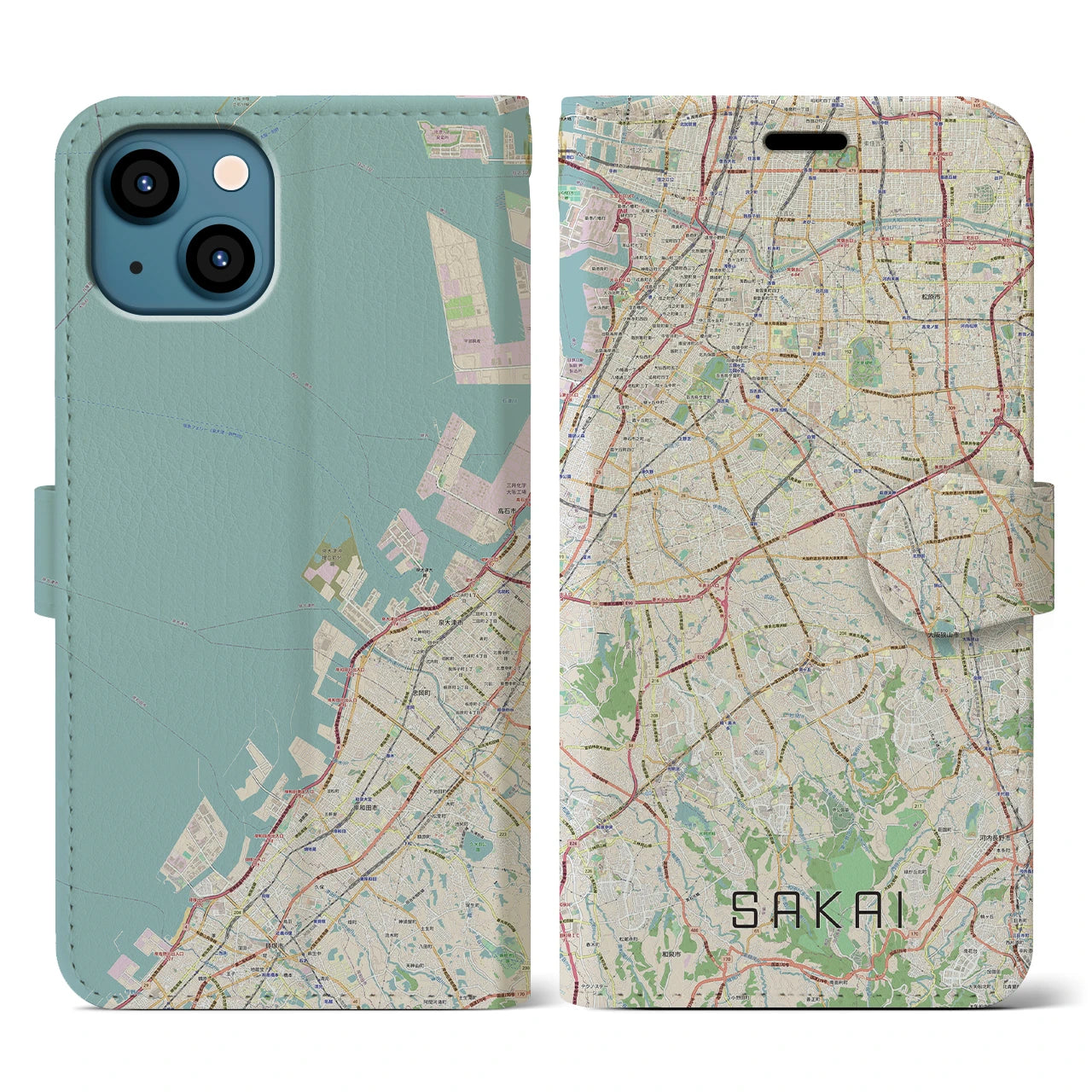 【堺2(大阪府)】地図柄iPhoneケース(手帳タイプ)ナチュラル・iPhone 13 用