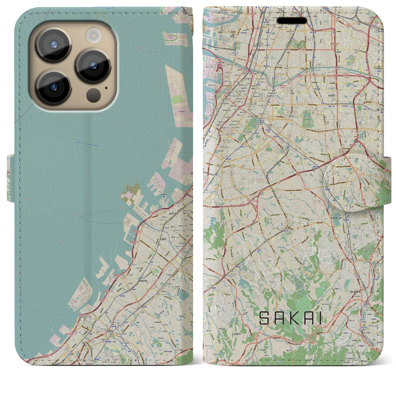 【堺2(大阪府)】地図柄iPhoneケース(手帳タイプ)ナチュラル・iPhone 14 Pro Max 用