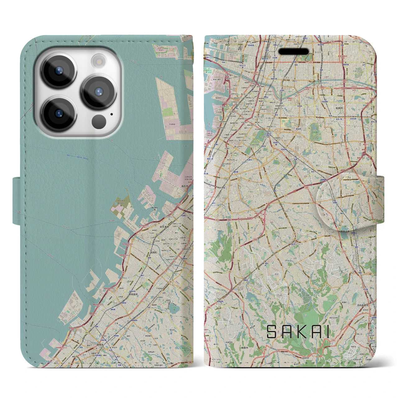 【堺2(大阪府)】地図柄iPhoneケース(手帳タイプ)ナチュラル・iPhone 14 Pro 用