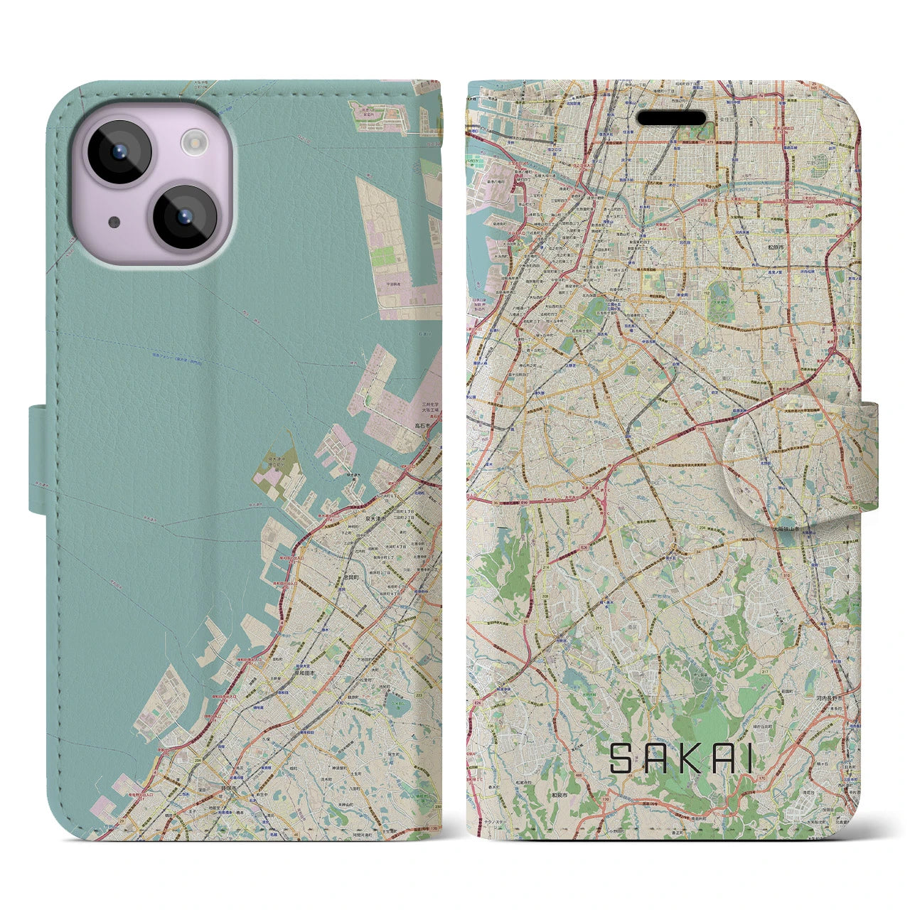 【堺2(大阪府)】地図柄iPhoneケース(手帳タイプ)ナチュラル・iPhone 14 用