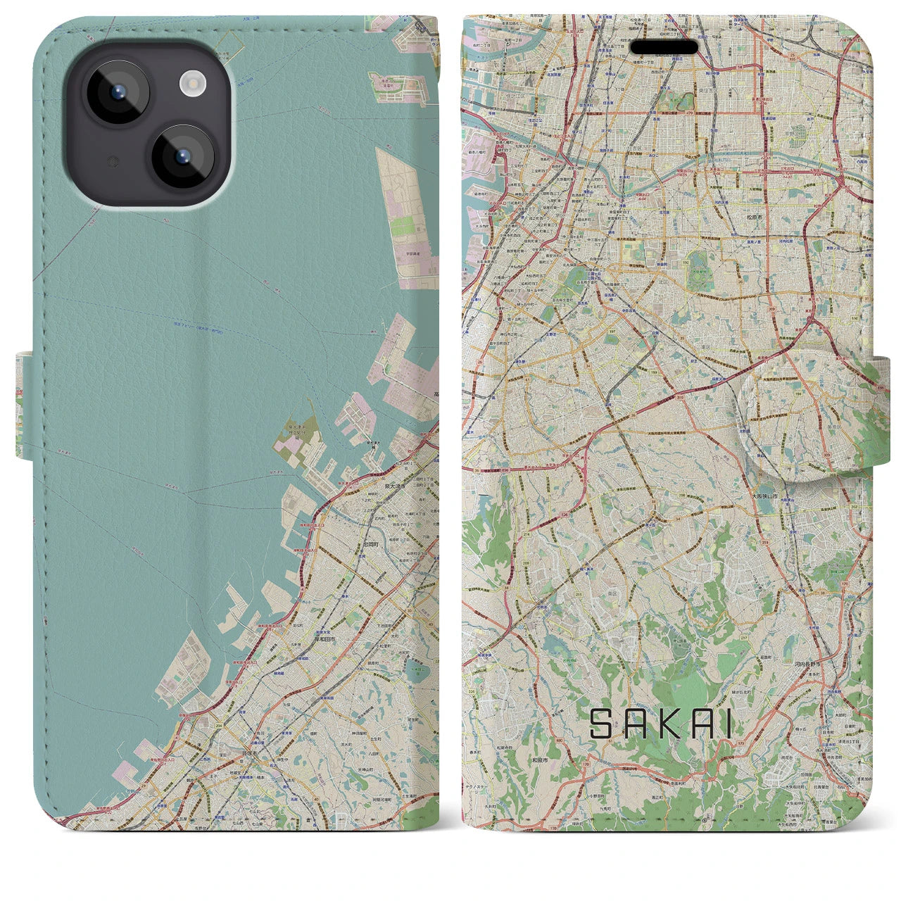 【堺2(大阪府)】地図柄iPhoneケース(手帳タイプ)ナチュラル・iPhone 14 Plus 用