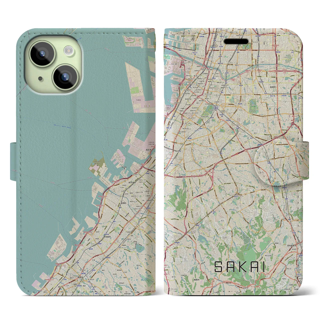 【堺2(大阪府)】地図柄iPhoneケース(手帳タイプ)ナチュラル・iPhone 15 用
