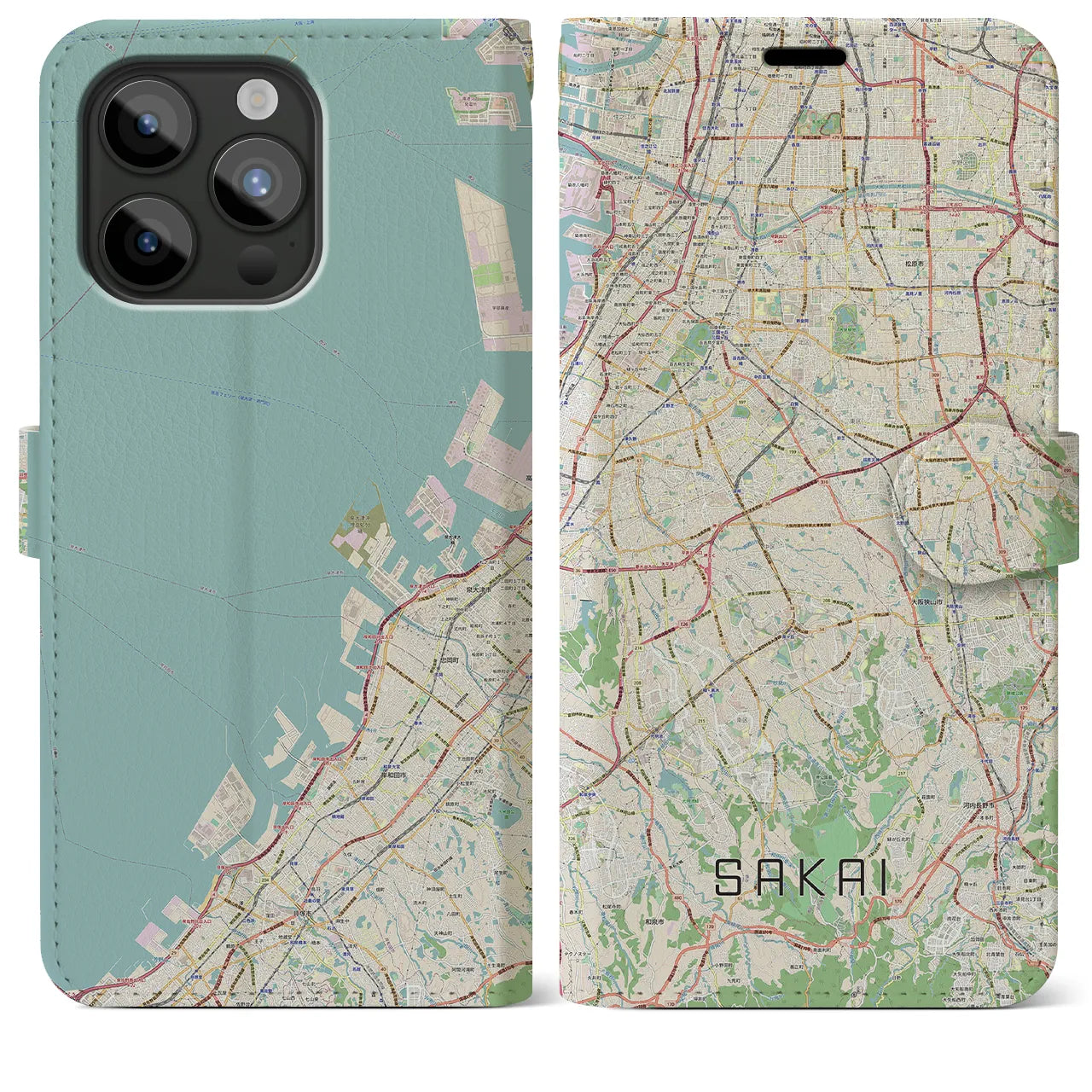 【堺2(大阪府)】地図柄iPhoneケース(手帳タイプ)ナチュラル・iPhone 15 Pro Max 用