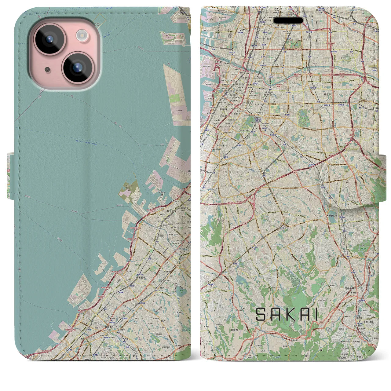 【堺2(大阪府)】地図柄iPhoneケース(手帳タイプ)ナチュラル・iPhone 15 Plus 用