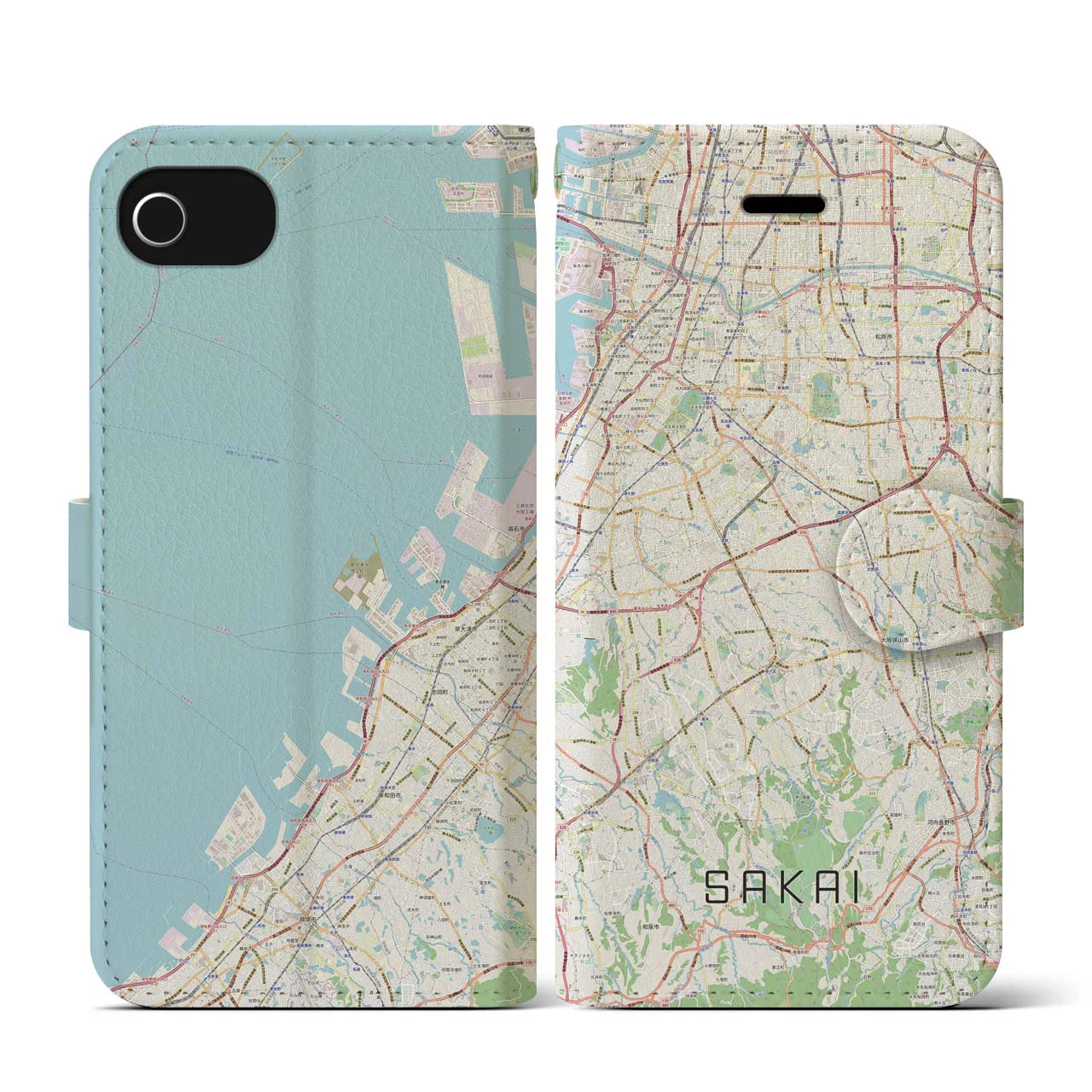 【堺2(大阪府)】地図柄iPhoneケース(手帳タイプ)ナチュラル・iPhone SE(第3 / 第2世代) / 8 / 7 / 6s / 6 用