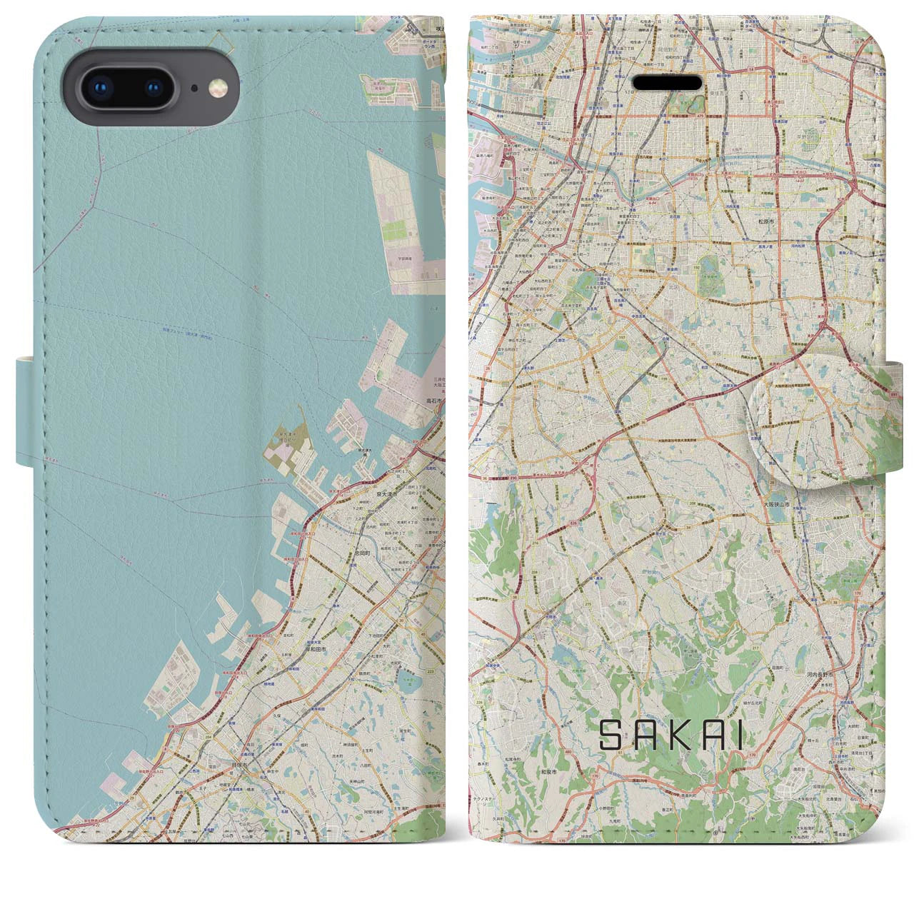 【堺2(大阪府)】地図柄iPhoneケース(手帳タイプ)ナチュラル・iPhone 8Plus /7Plus / 6sPlus / 6Plus 用