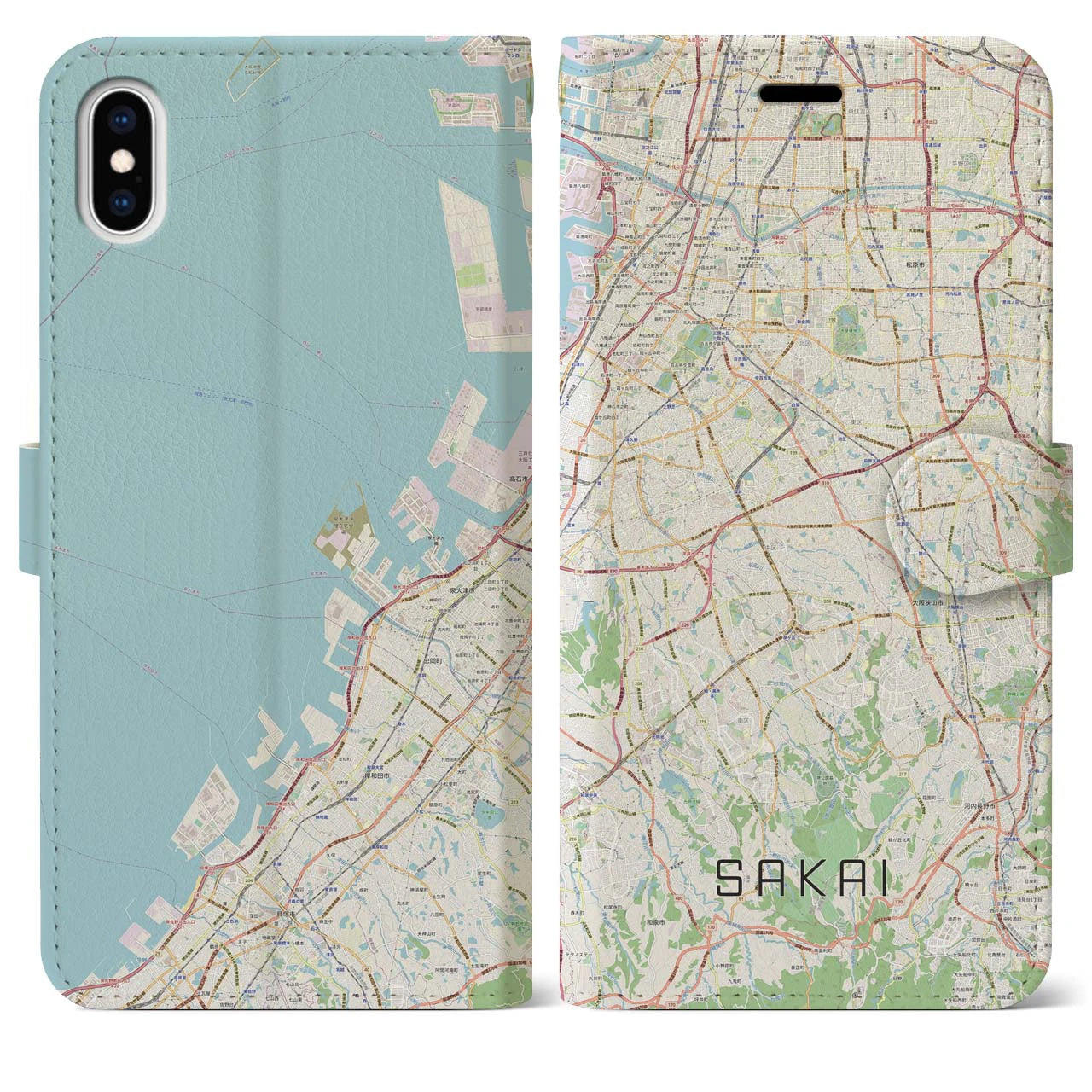 【堺2(大阪府)】地図柄iPhoneケース(手帳タイプ)ナチュラル・iPhone XS Max 用