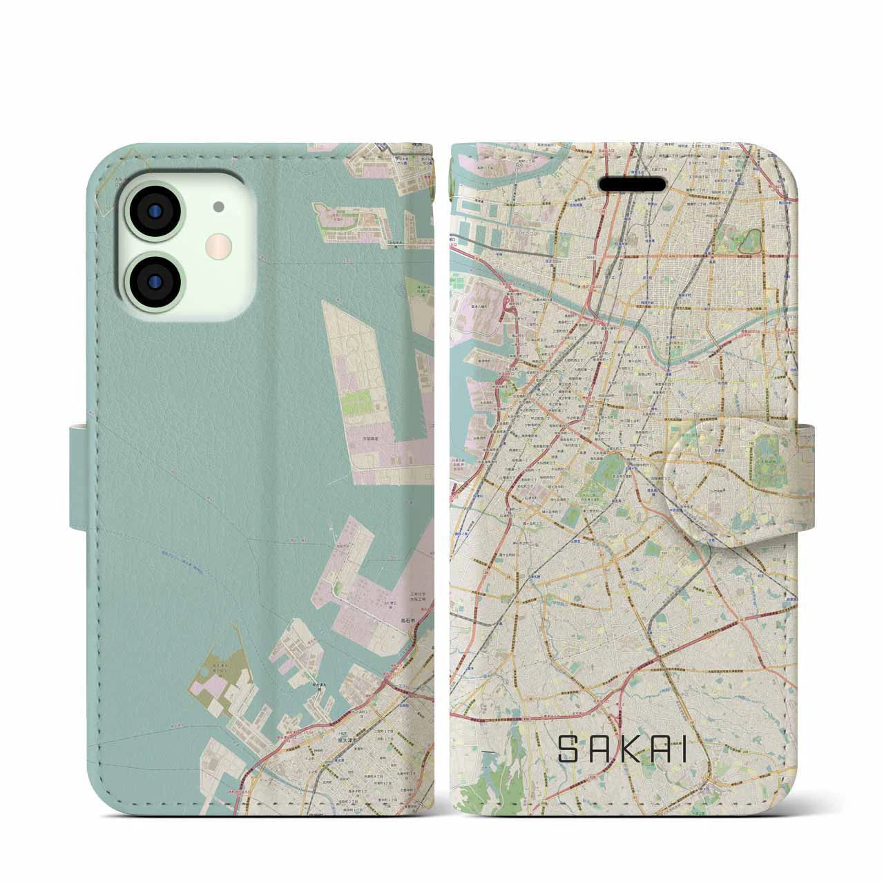 【堺(大阪府)】地図柄iPhoneケース(手帳タイプ)ナチュラル・iPhone 12 mini 用