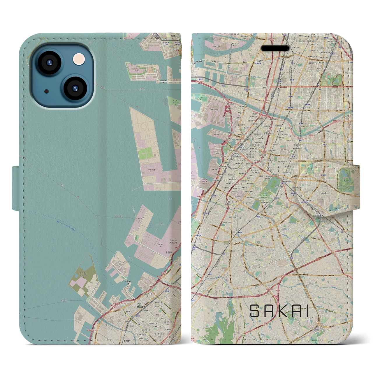 【堺(大阪府)】地図柄iPhoneケース(手帳タイプ)ナチュラル・iPhone 13 用