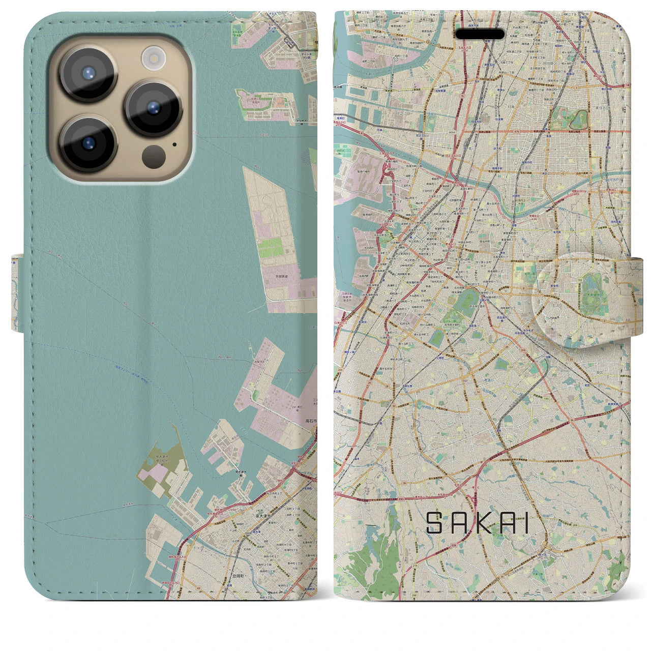 【堺(大阪府)】地図柄iPhoneケース(手帳タイプ)ナチュラル・iPhone 14 Pro Max 用
