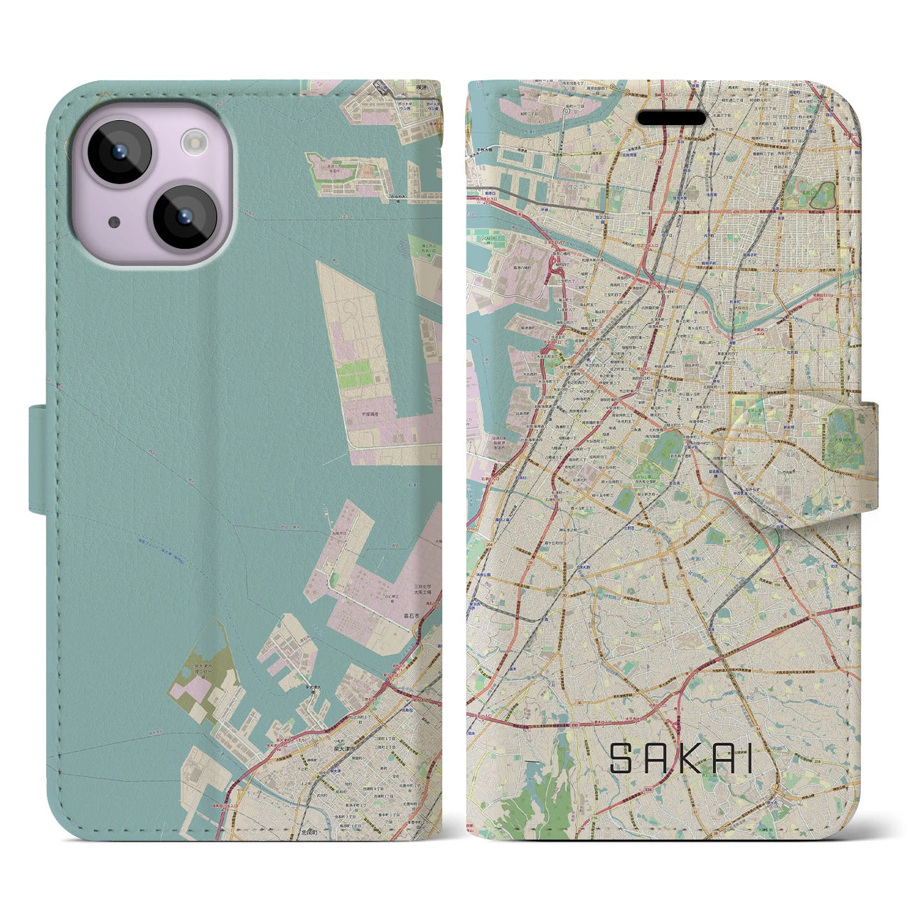 【堺(大阪府)】地図柄iPhoneケース(手帳タイプ)ナチュラル・iPhone 14 用