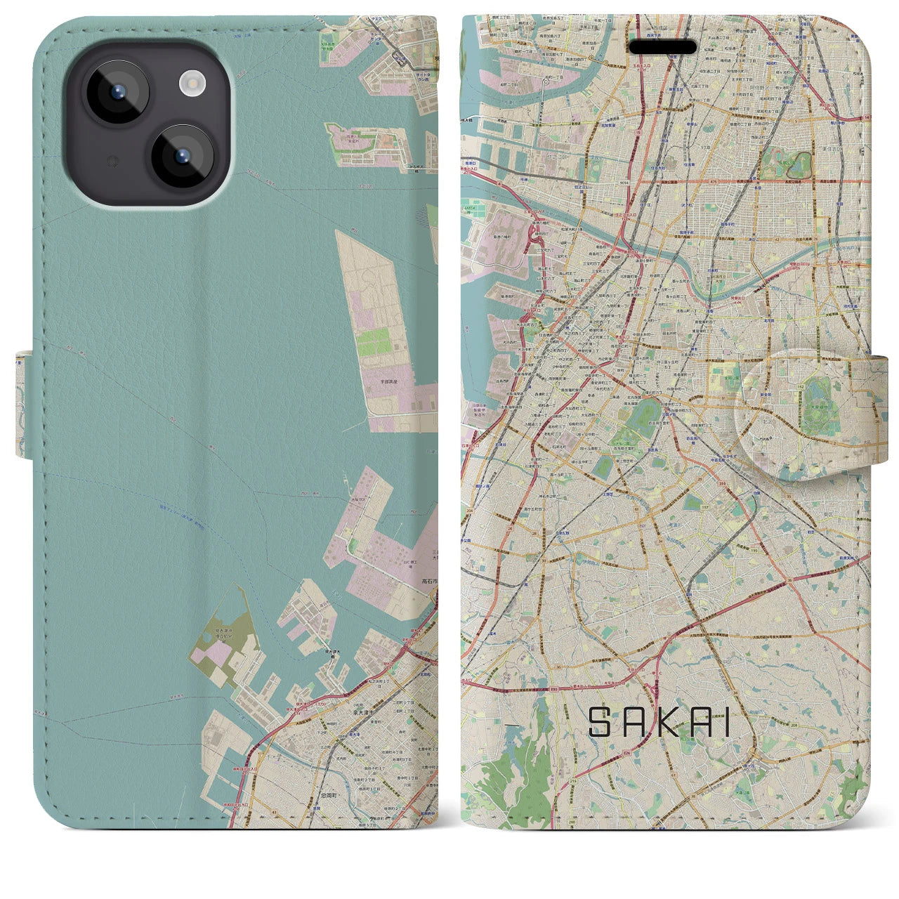 【堺(大阪府)】地図柄iPhoneケース(手帳タイプ)ナチュラル・iPhone 14 Plus 用