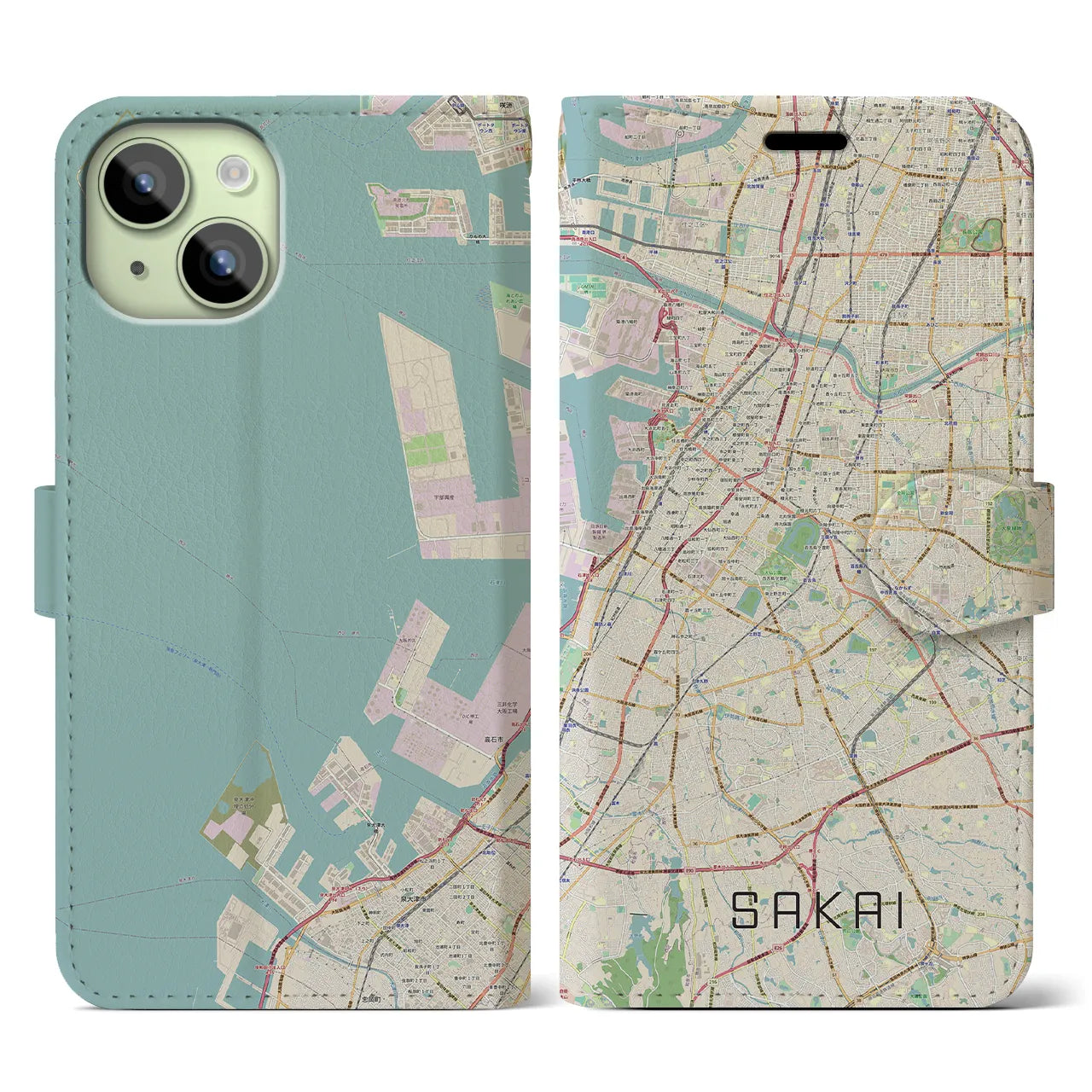 【堺(大阪府)】地図柄iPhoneケース(手帳タイプ)ナチュラル・iPhone 15 用