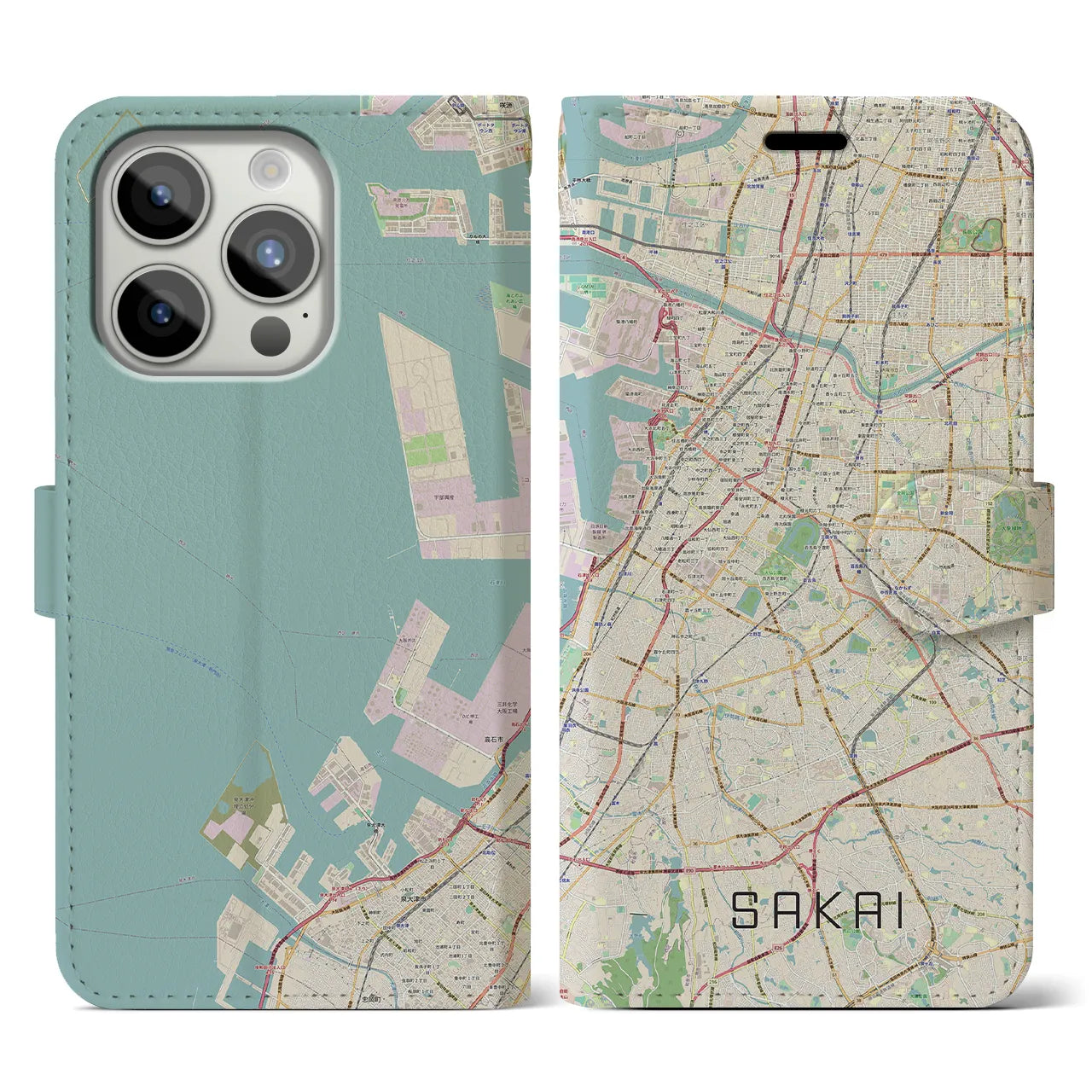 【堺(大阪府)】地図柄iPhoneケース(手帳タイプ)ナチュラル・iPhone 15 Pro 用