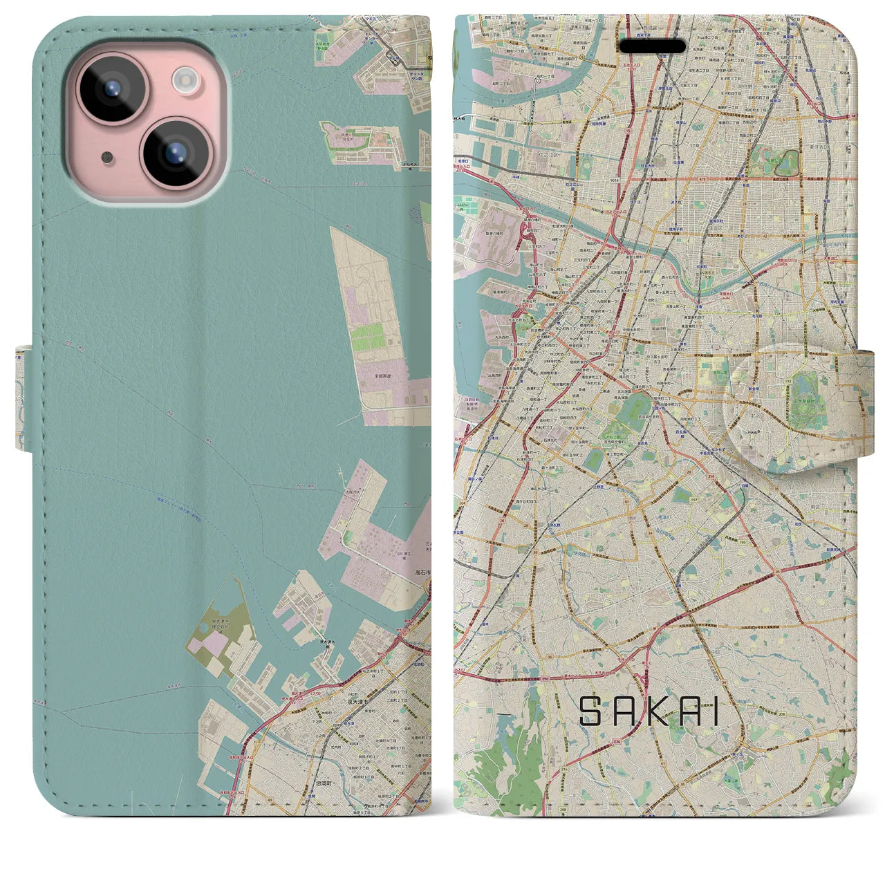 【堺(大阪府)】地図柄iPhoneケース(手帳タイプ)ナチュラル・iPhone 15 Plus 用