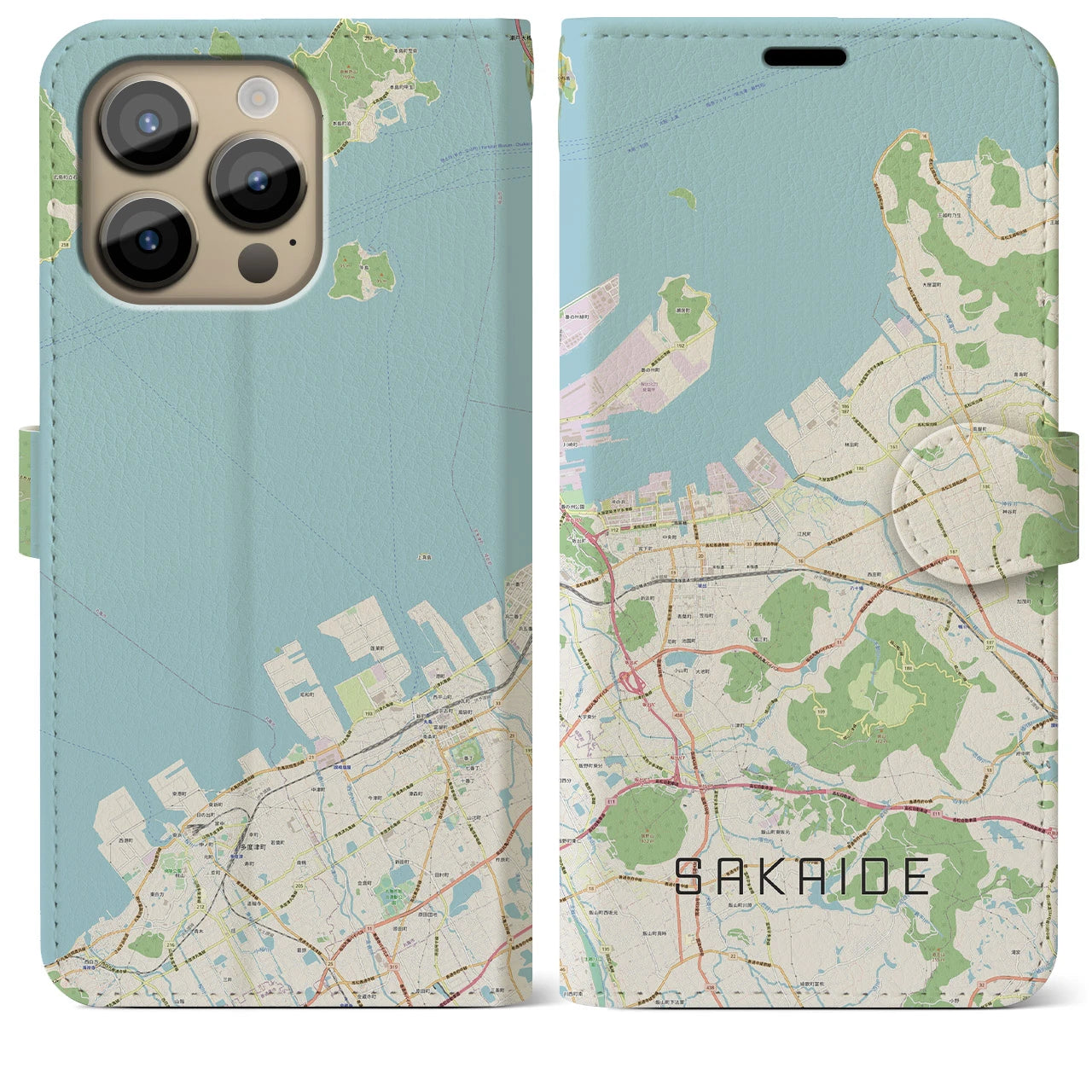 【坂出(香川県)】地図柄iPhoneケース(手帳タイプ)ナチュラル・iPhone 14 Pro Max 用