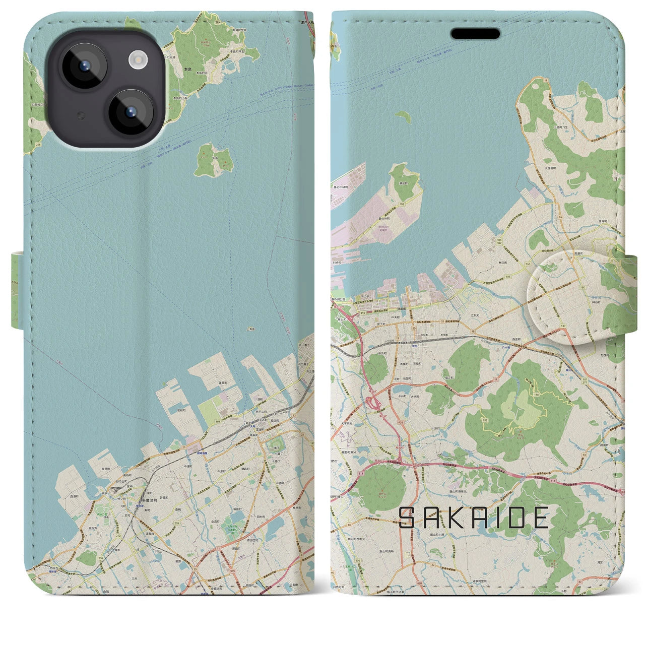 【坂出(香川県)】地図柄iPhoneケース(手帳タイプ)ナチュラル・iPhone 14 Plus 用